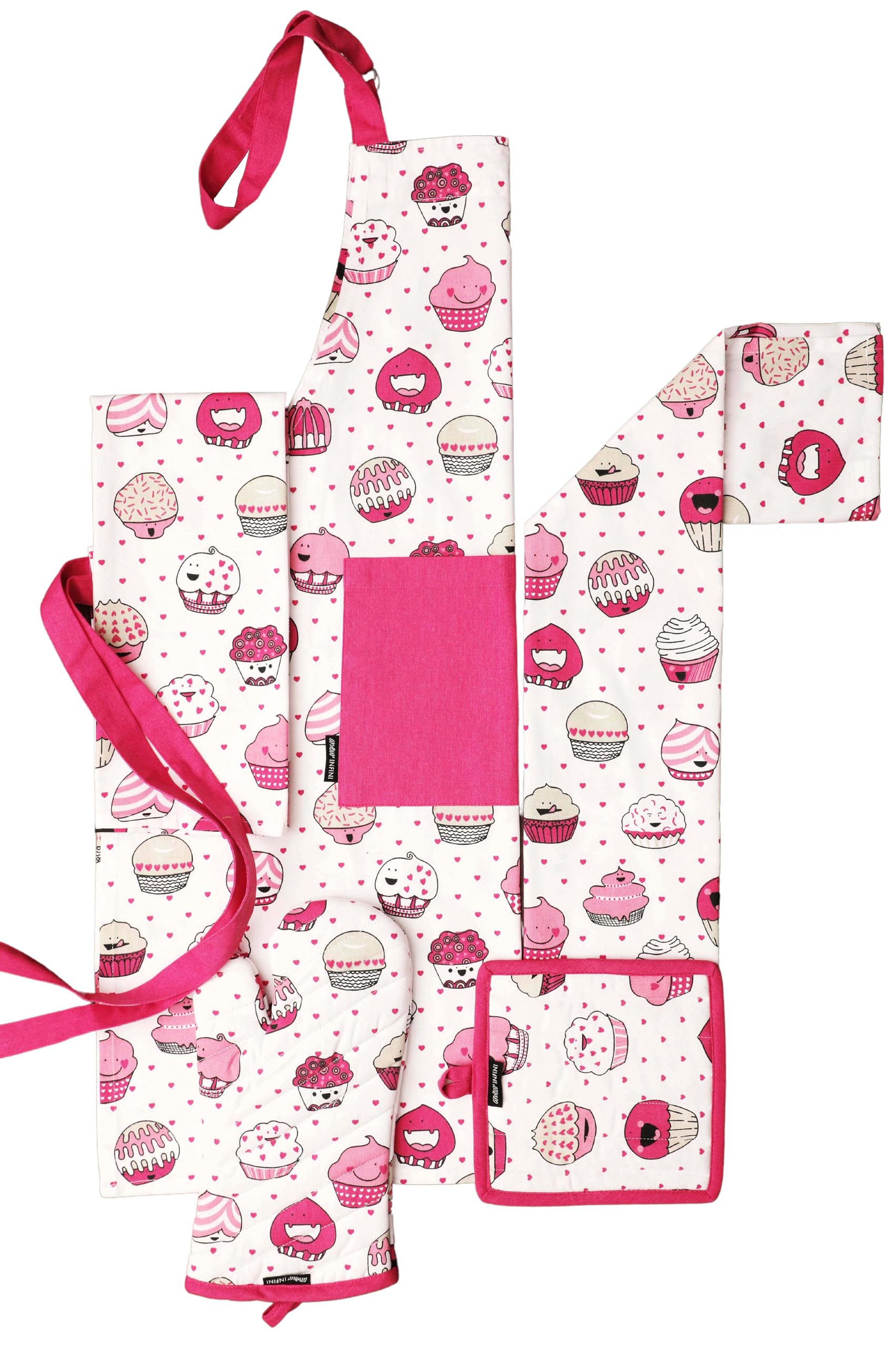 AMOUR INFINI 5-Piece Kitchen Set - Apron, 2 Towels, Oven Mitt & Pot Holder with Valentine Cupcake Design - Perfect for Baking, BBQ, Grilling & Kitchen Decor