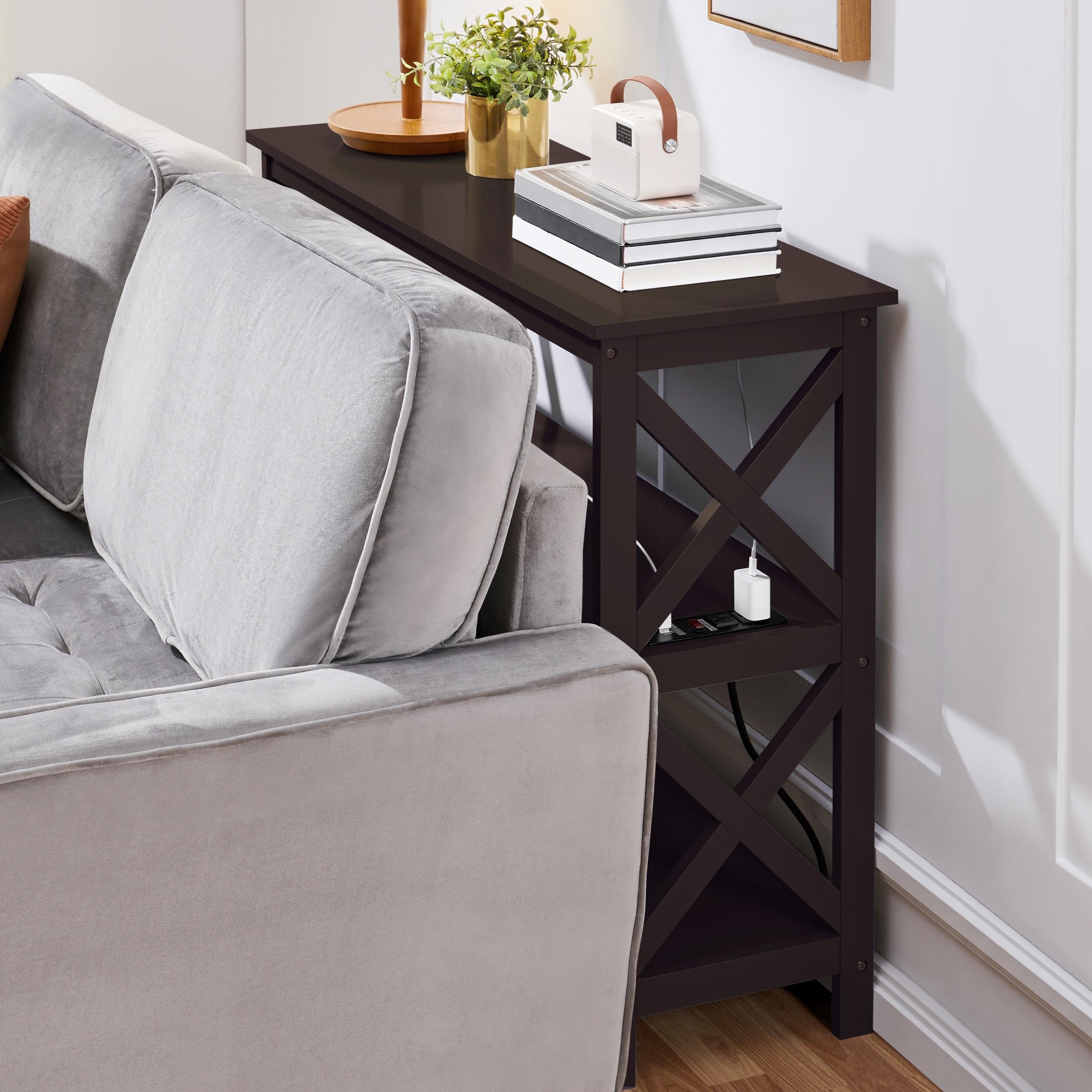 Yaheetech 3-Tier Narrow Console Table with Power Outlet & Storage Shelves - Wooden Entryway Sofa Table for Living Room, Hallway, Bedroom - Perfect for Small Spaces & Charging Devices