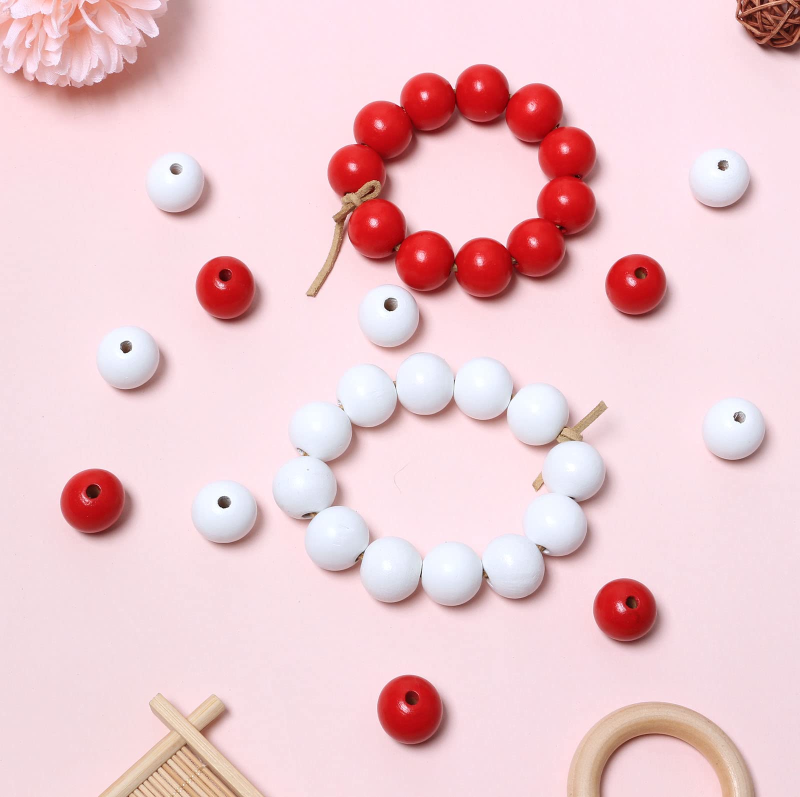 White Red Wooden Beads 20mm Round Beads 4mm Hole Bulk Loose Spacer Beads for Jewelry Making, DIY Crafts, Bracelets, Necklaces, Home Decor - 50Pcs Natural Wood Beading Supplies