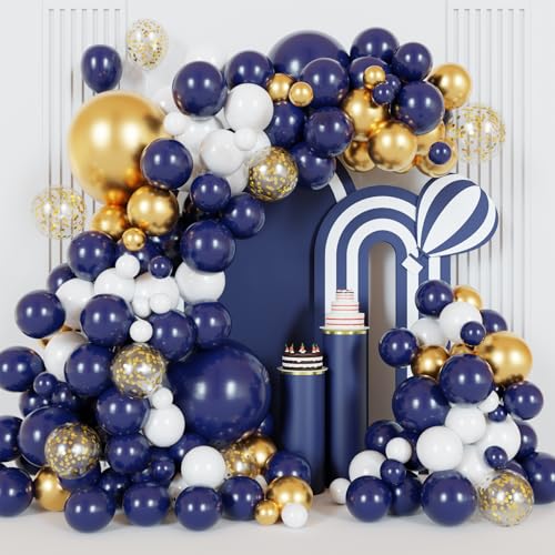Navy Blue White Gold Balloons Arch