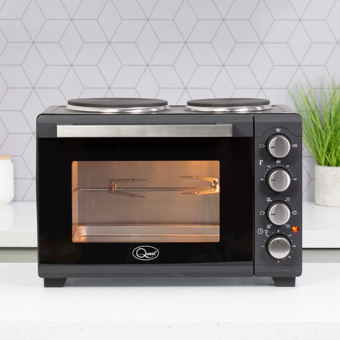 Quest 35379 26L Twin Hob Countertop Rotisserie and Convection Mini Oven - Adjustable Temperature, 60-Min Timer, Auto Shut-Off with Bell - Includes Accessories - Perfect for Small Kitchens, Dorms, and RV Cooking