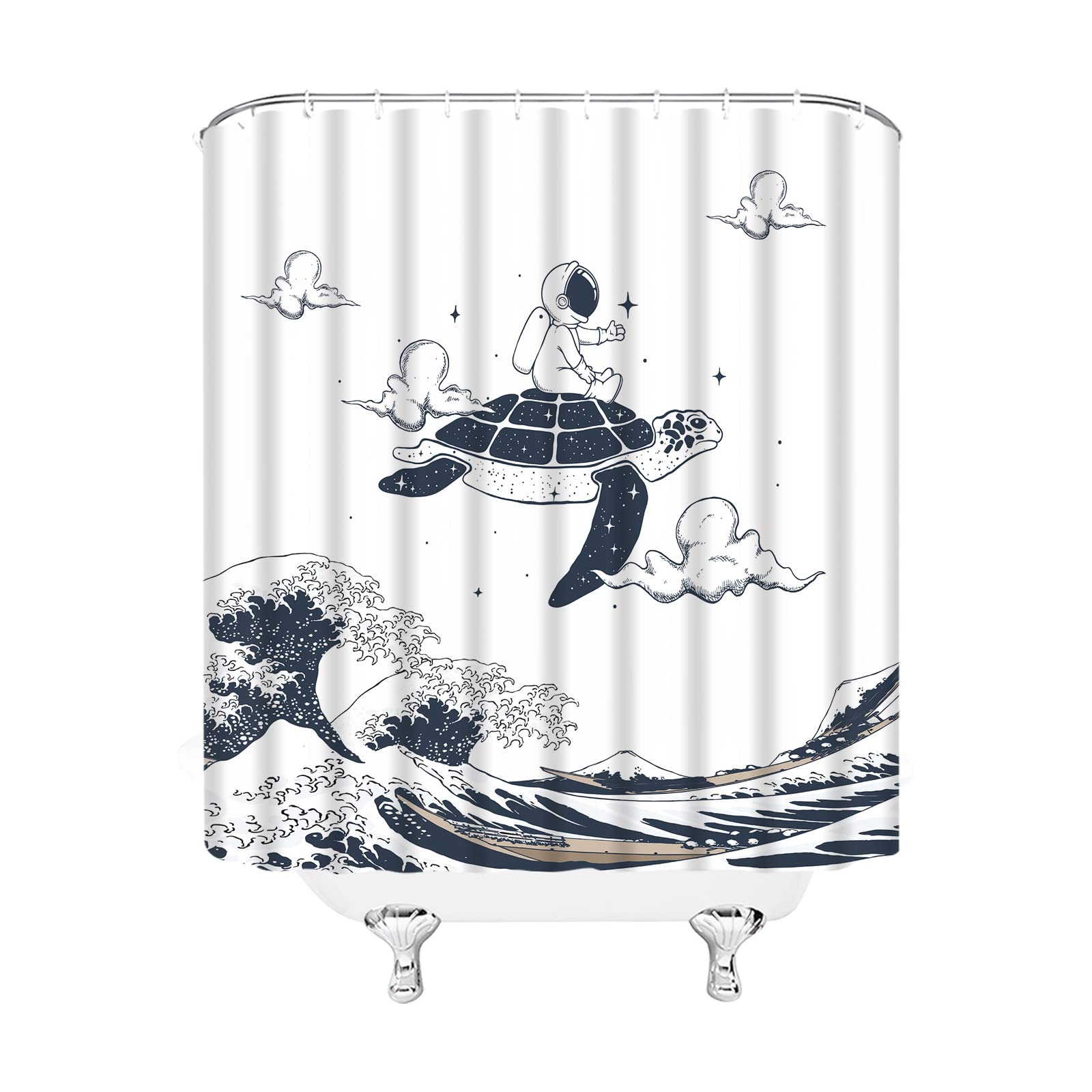 Funny Astronaut Turtle Japanese Ocean Wave Shower Curtain - Waterproof Polyester Fabric Bathroom Decor with Hooks 70x70 Inch - Perfect for Kids' Bathroom, Beach Theme Decor & Unique Gift Idea