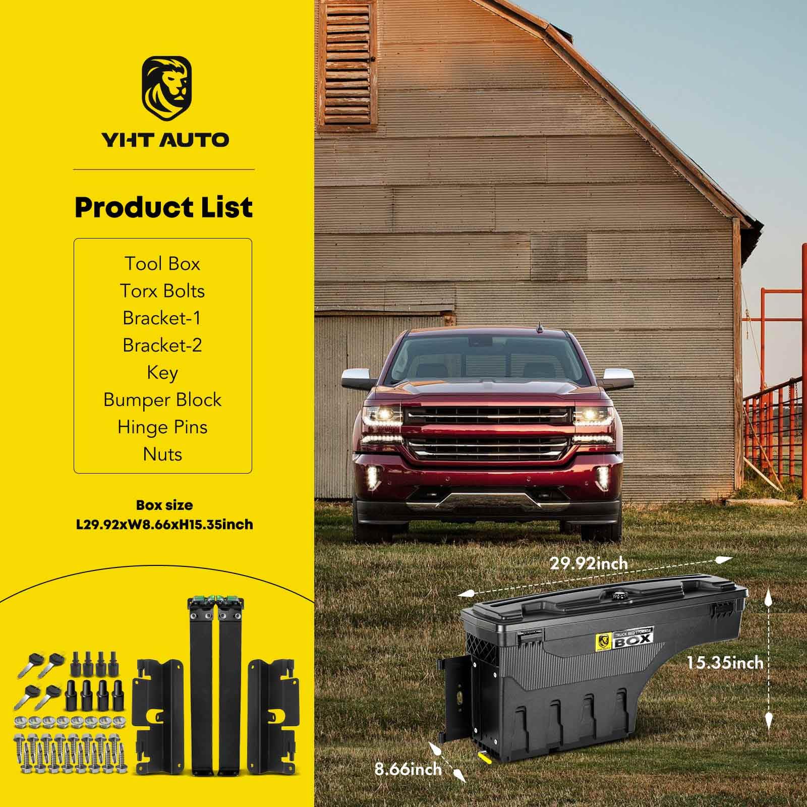 YHTAUTO Set of 2 Lockable Truck Bed Tool Boxes - Waterproof Swing Tool Storage Compatible with 2007-2018 Chevy Silverado & GMC Sierra 1500/2500/3500/3500HD (No Bed Rail) - Perfect for Organizing Tools, Equipment & Outdoor Gear