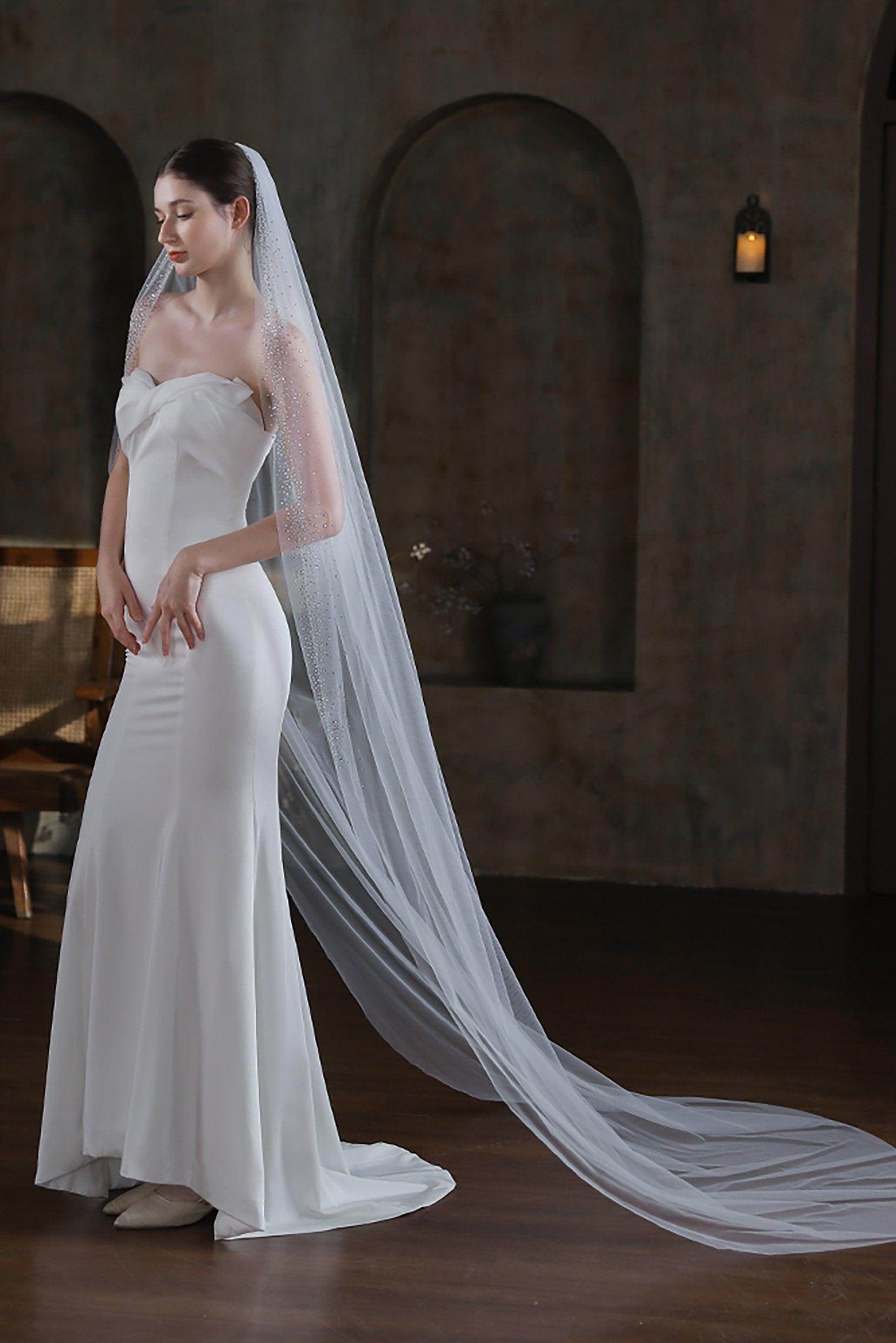 Elegant One-Tier Cut Edge Tulle Chapel Veil with Sequin Embellishment CV0321 - Perfect for Weddings, Bridal Accessories & Special Occasions