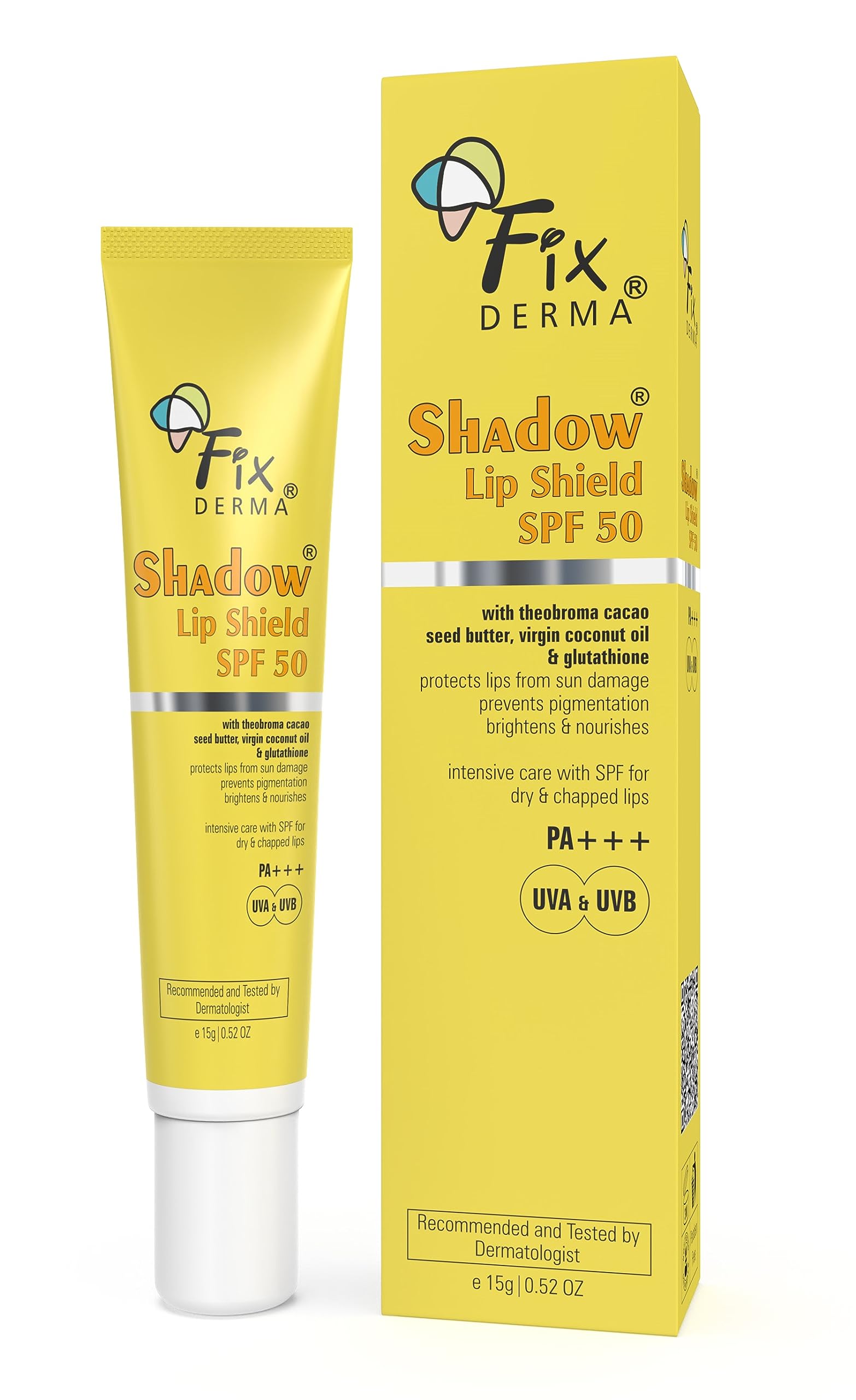 FIXDERMA SPF 50 PA+++ Lip Balm with Cocoa Butter & Coconut Oil - Sun Protection Lip Shield Prevents Pigmentation & UV Damage - 15g Yellow - Perfect for Outdoor Activities, Hiking & Beach Days