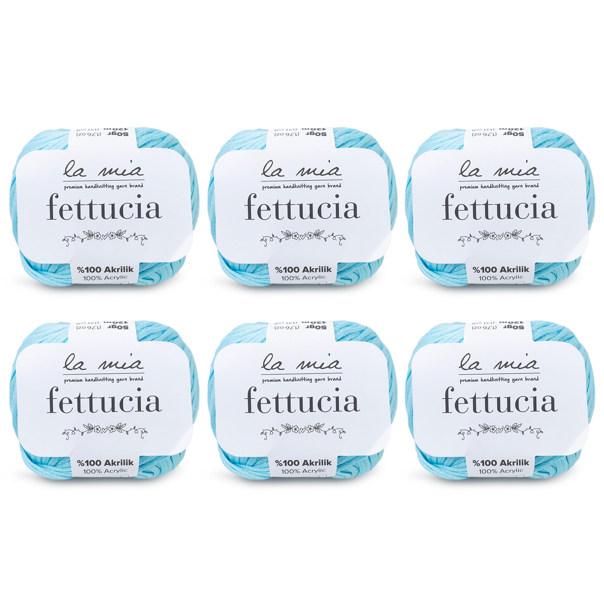 6-Pack La Mia Fettucia Chainette Tape Yarn - 100% Acrylic, 10.5 Oz Total (1.76 Oz/50g Each), 131 Yards (120m) per Ball, Light DK Weight, Blue (L071) - Perfect for Knitting, Crocheting, and DIY Craft Projects