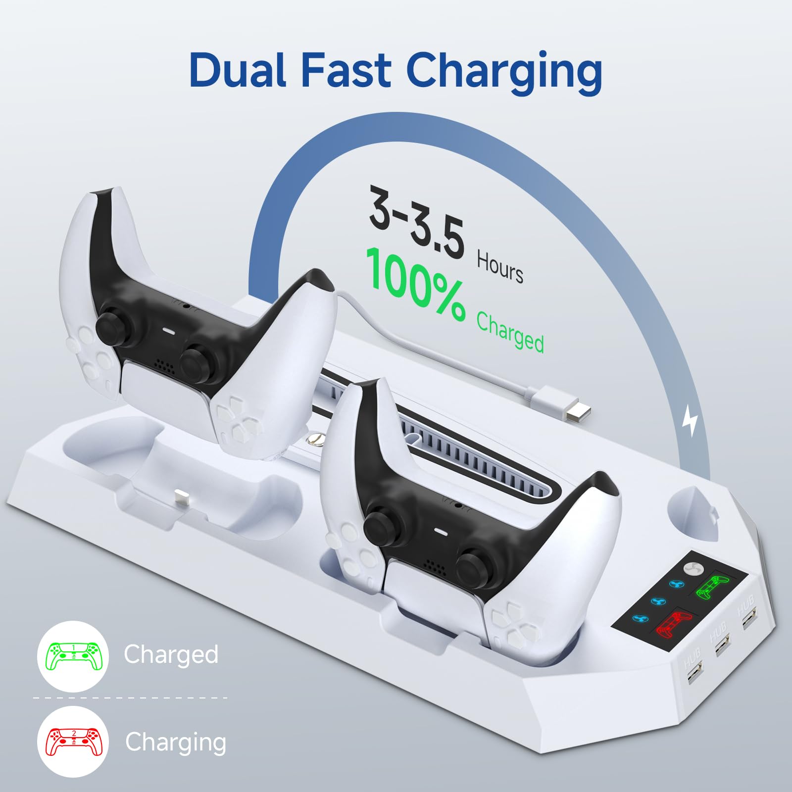 PS5 Cooling Stand with Turbo Fan & Dual Charging Station - Vertical Stand for PS5 Pro/Slim & Digital/Disc Edition - Includes Headset Holder - Perfect for Gaming Sessions & Console Protection (White)