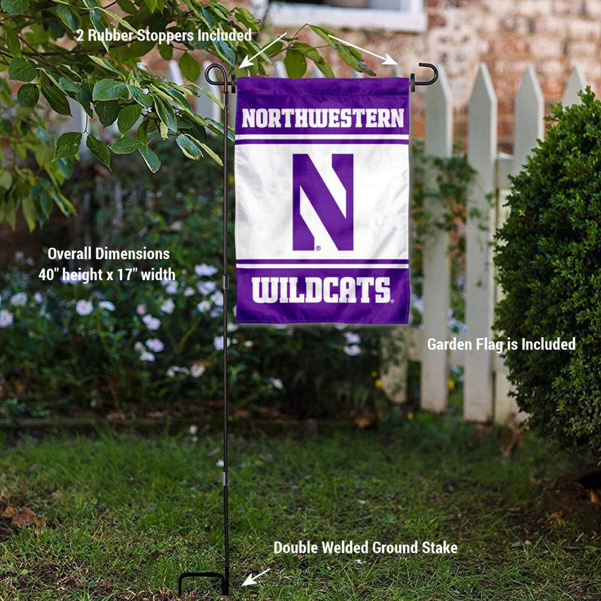 Northwestern Wildcats Garden Flag with Stand Holder - College Flags & Banners Co. - Perfect for Game Day Decor, School Spirit, and Outdoor Yard Displays