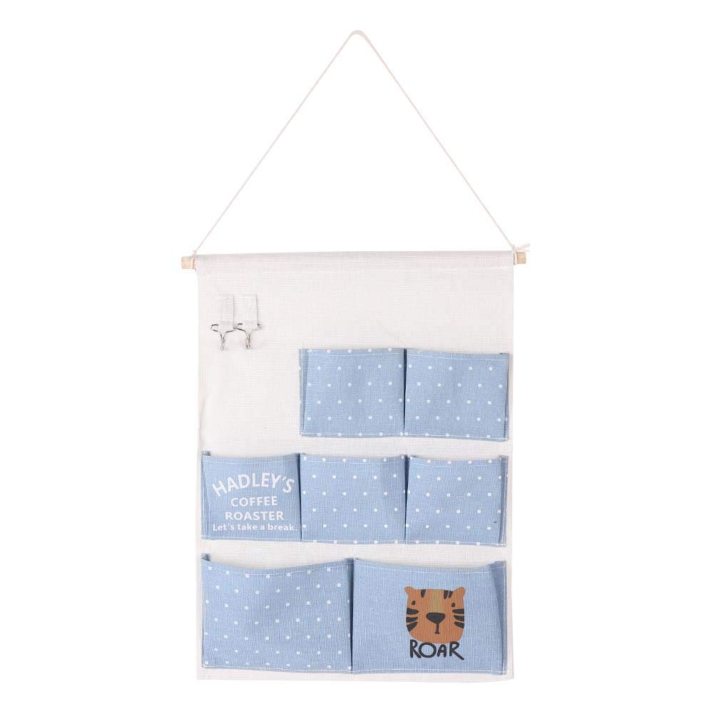 Restokki Hanging Storage Organizer - 7-Pocket Cotton Fabric Door Hanger for Closet, Bedroom, Bathroom & Office - Space Saving Storage Solution (Blue Tiger Cartoon Design) - Perfect for Organizing Toys, Accessories, Scarves & Small Items