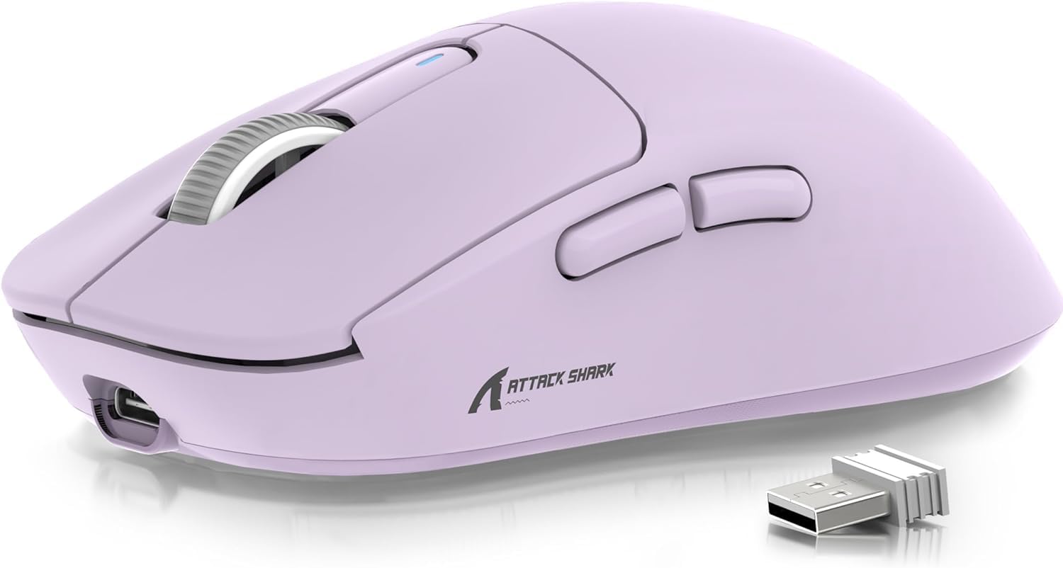Attack Shark X3 Wireless Gaming Mouse - 49g Ultra Lightweight Ergonomic Mouse with PAW3395 Sensor (26K DPI) | Triple Mode Connectivity | 200 Hour Battery Life | 8 Programmable Buttons | Perfect for FPS, MOBA & MMO Games on PC, Laptop & Mac (Purple) - Ideal for Esports, Office Work & Home Gaming Setup