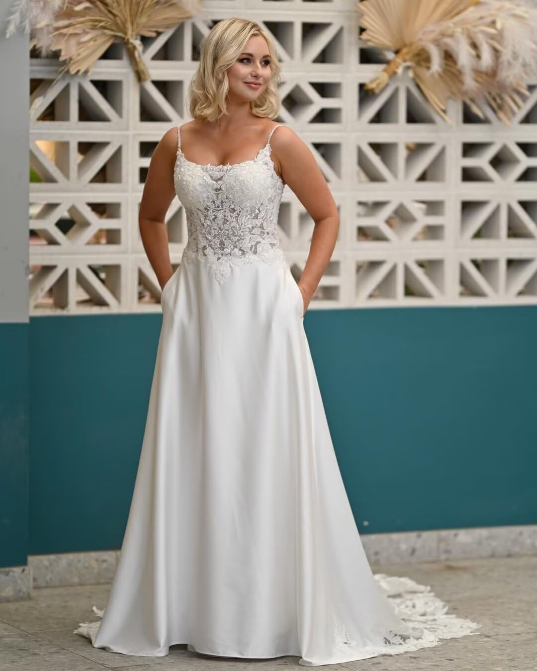 Elegant Spaghetti Straps Wedding Dress with Long Lace Train & Pockets - Beaded Beach Summer Bridal Gown for Outdoor Ceremonies & Destination Weddings