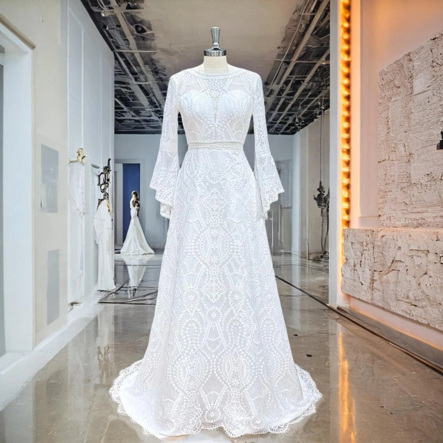 Elegant O Neck Backless Lace Wedding Gown with Sheer Waist & Long Sleeves - Perfect for Beach Weddings, Vow Renewals & Romantic Photoshoots