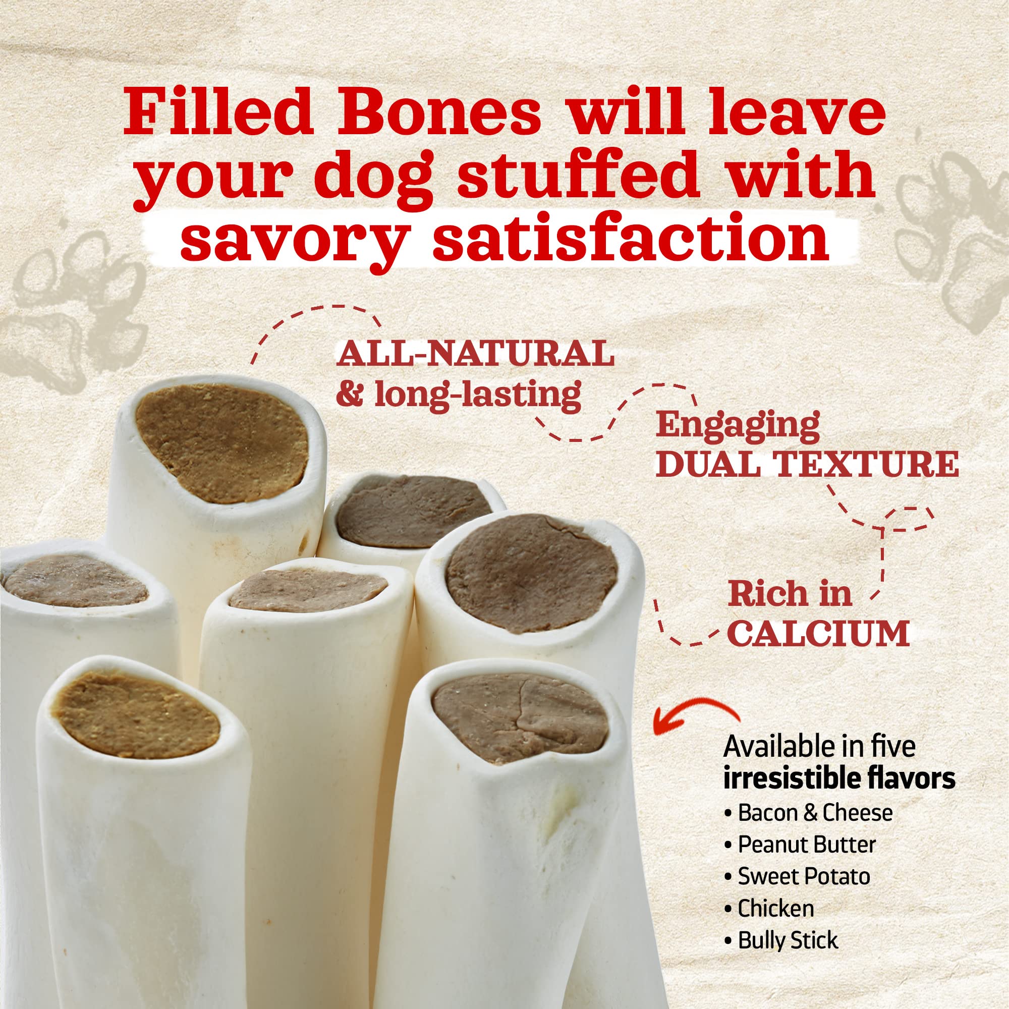 Natural Filled Dog Bones with Bully Stick Flavor – Limited Ingredient Dental Chew Treats for Large Dogs (5-6 Inch, 3 Pack) – Perfect for Teething, Training & Dental Health