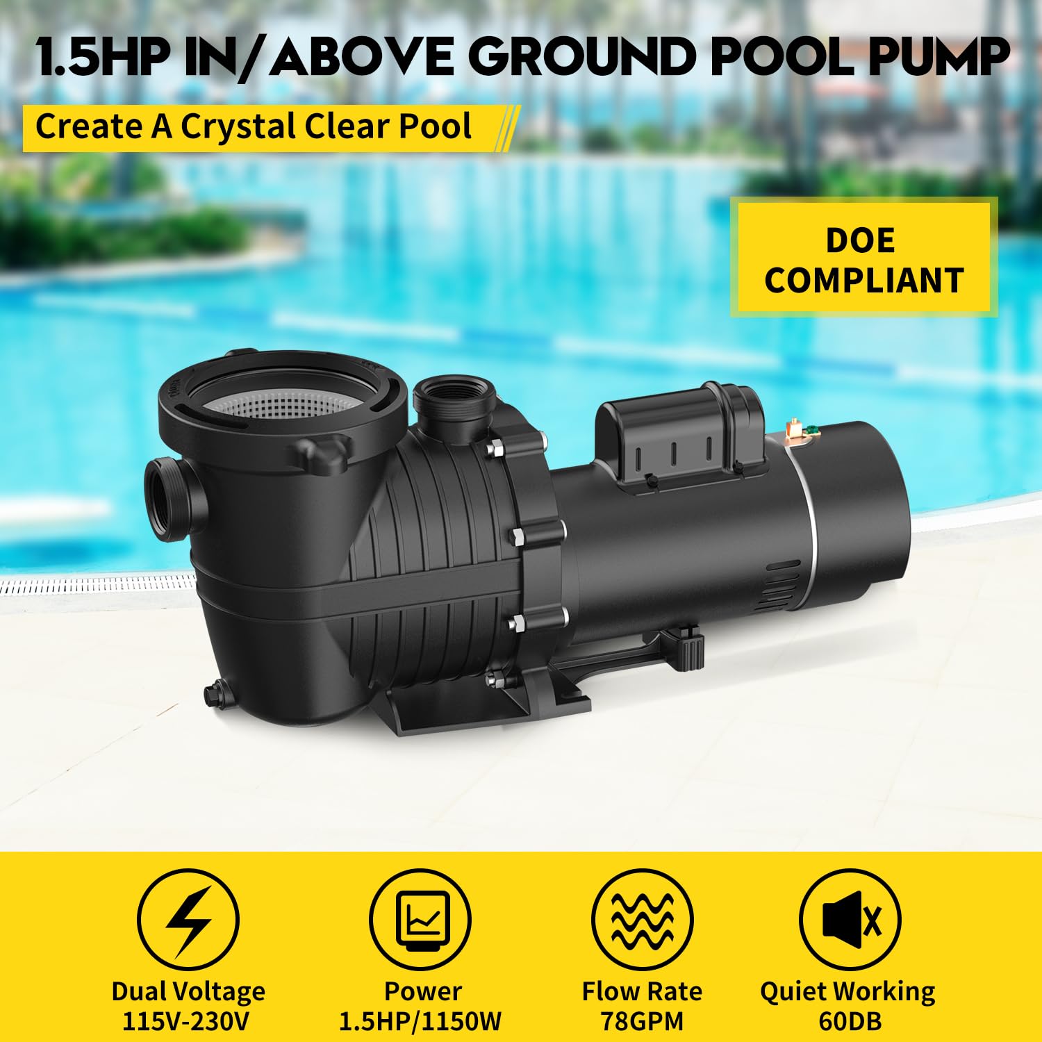 1.5HP Dual Voltage Pool Pump 4500GPH Inground/Above Ground - Self-Priming Water Pump for Swimming Pools, Hot Tubs & Seawater (115V/230V 60HZ, 42FT Head Lift) - Perfect for Residential & Commercial Pool Maintenance, Water Circulation & Filtration Systems
