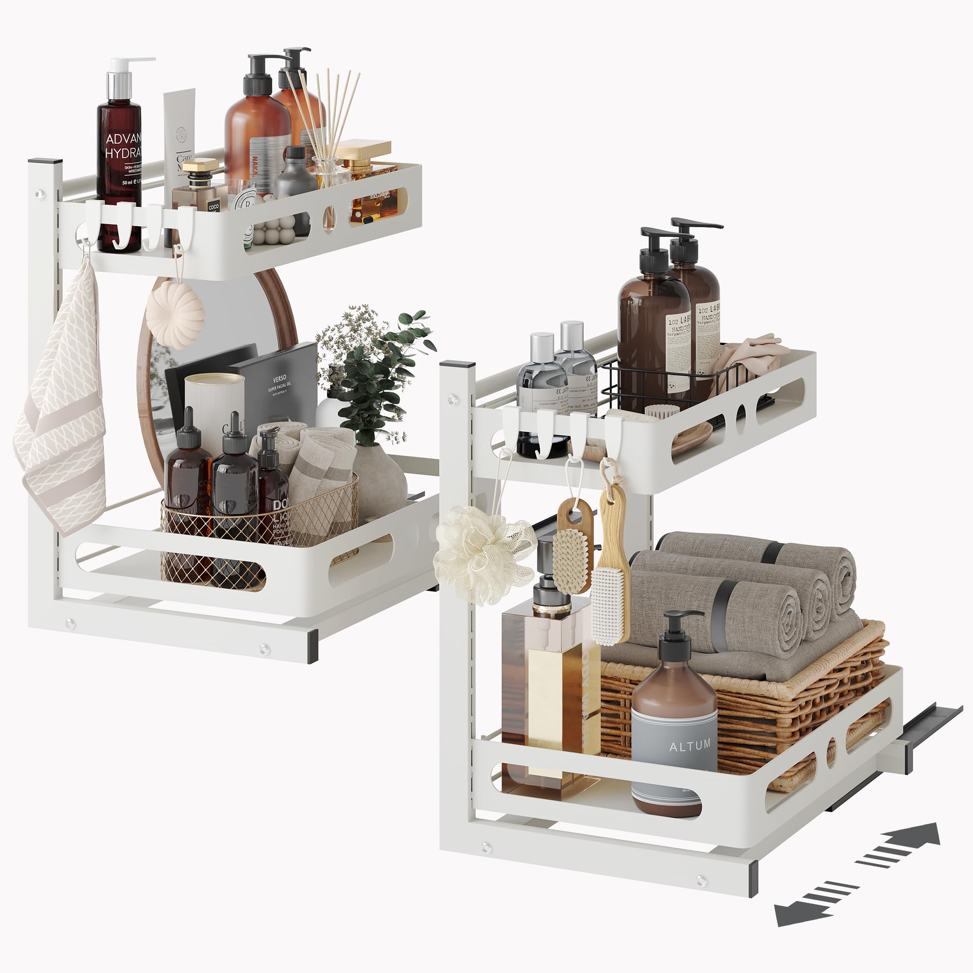 NETEL 2-Pack Under Sink Organizers - Metal Pull-Out Cabinet Storage with 4 Hooks, Kitchen Cupboard Shelf & Sliding Drawers for Bathroom - Perfect for Small Space Organization in Kitchens, Bathrooms & Laundry Rooms