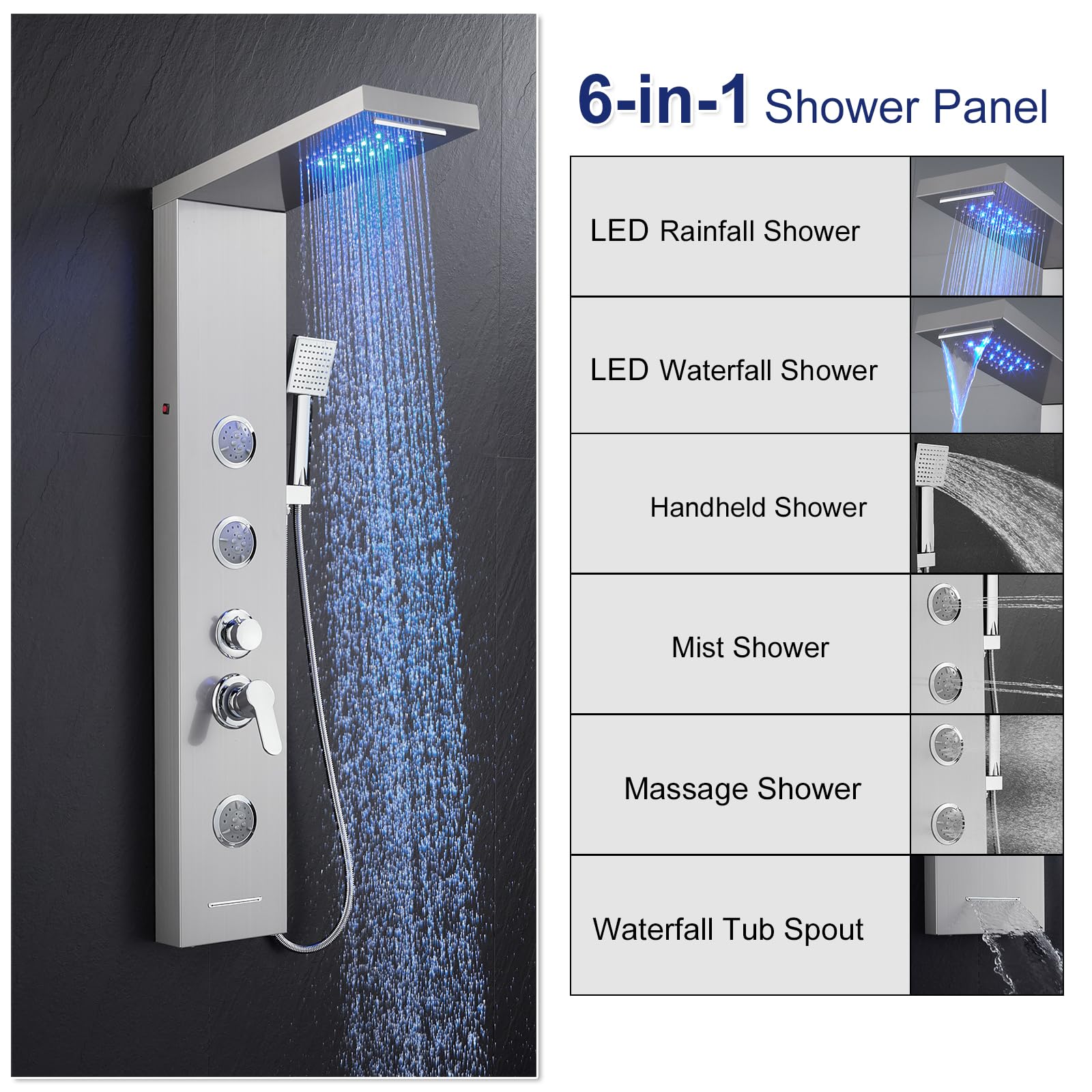 ROVATE 5-in-1 Brushed Stainless Steel LED Shower Panel Tower System - Rainfall, Waterfall, Massage Jets & Handheld Shower Combo - High Pressure Bathroom Upgrade for Spa-Like Experience