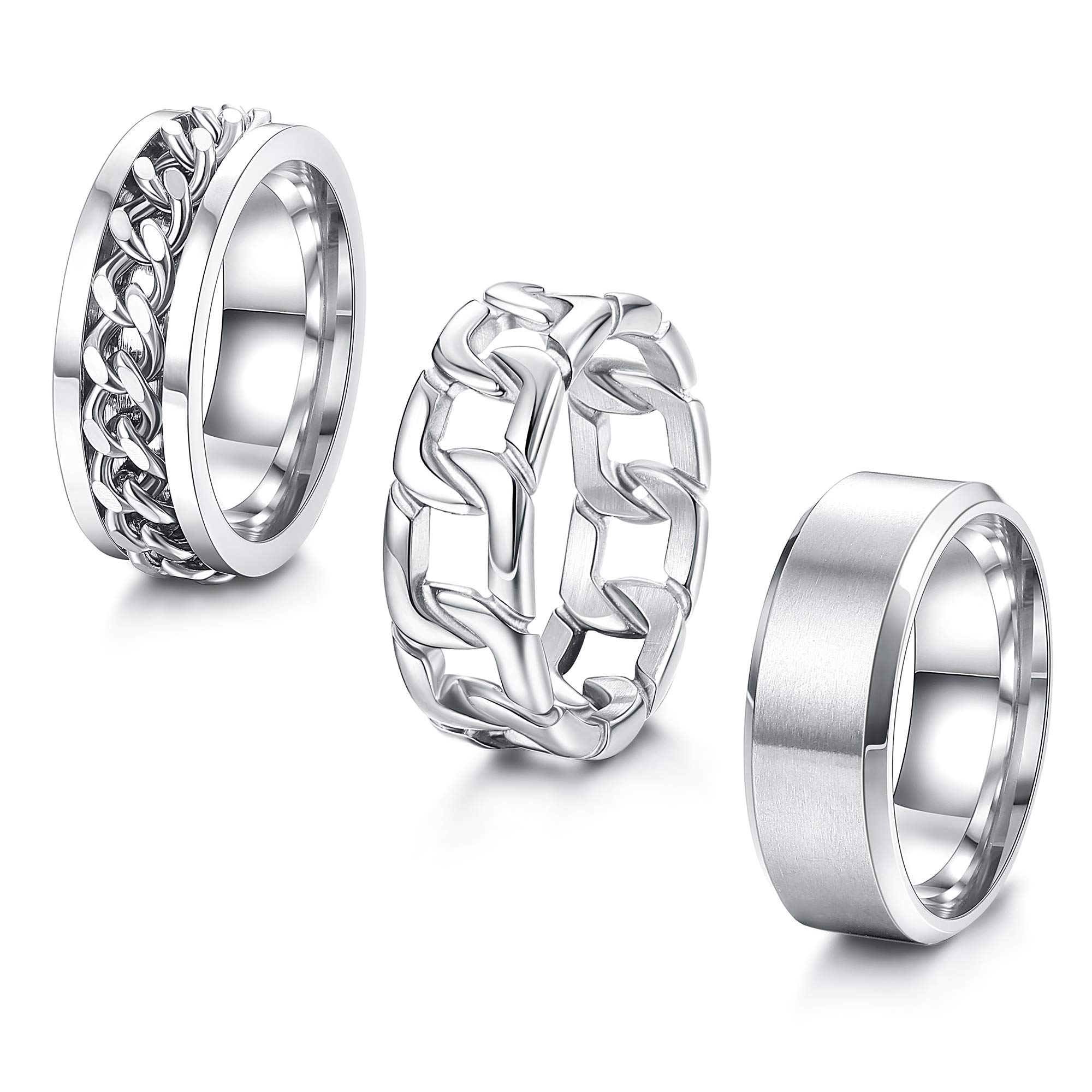 ORAZIO 3Pcs Stainless Steel Rings for Men & Women - Silver Plain Band, Cuban Link Chain & Spinner Ring Set (Size 6-14) - Wedding, Promise & Fashion Jewelry for Everyday Wear, Gifts & Special Occasions