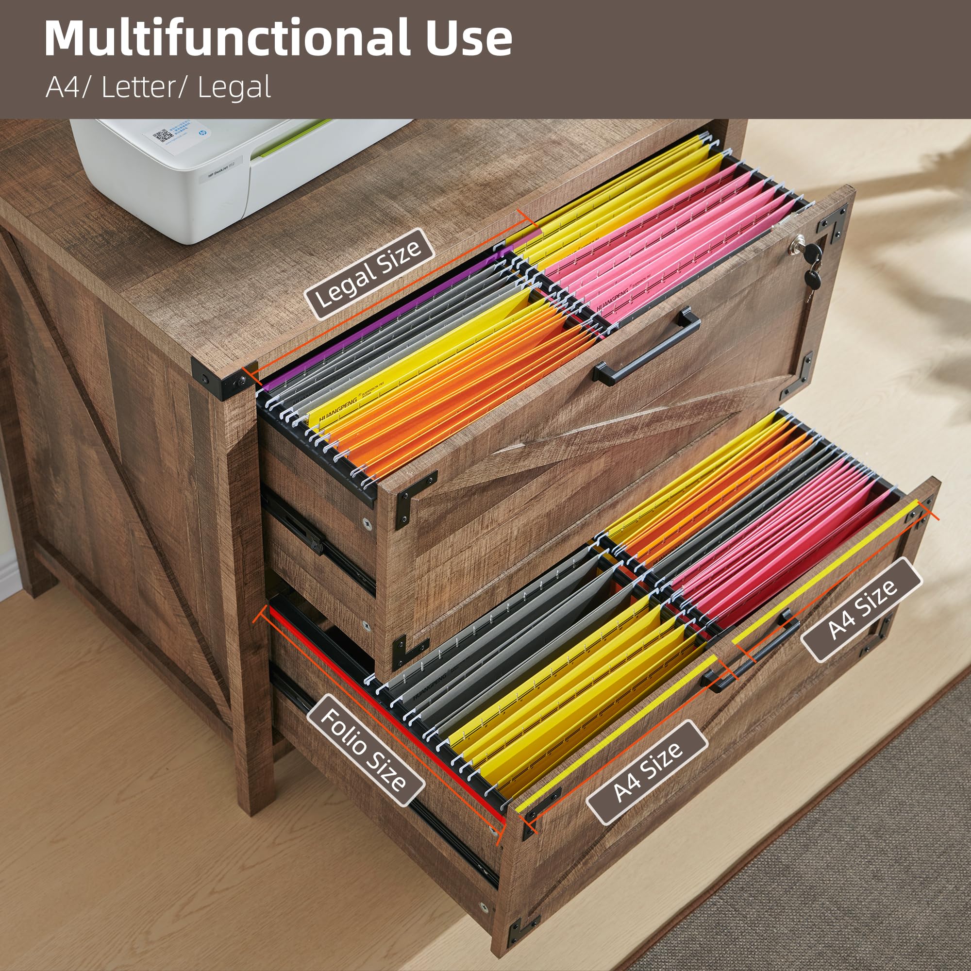 JXQTLINGMU 2-Drawer Farmhouse Lateral File Cabinet - Home Office Storage for Legal, Letter, A4 & F4 Documents - Warm Brown Wooden Filing Cabinet for Rustic Workspaces & Modern Offices