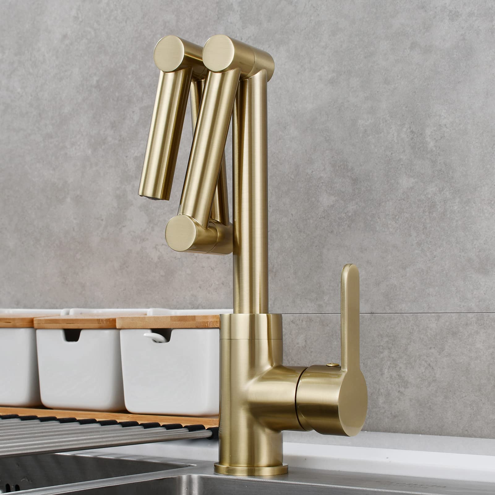 Brushed Gold Pot Filler Faucet - Deck Mount Brass Folding Kitchen Sink Faucet for Hot & Cold Water - BJ21231 - Perfect for Cooking, Filling Pots & Pans in Modern Kitchens