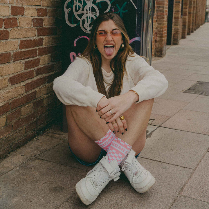 American Socks for Women - Pink Checkerboard Pattern Mid-Calf Crew Socks - Comfortable Cotton Blend for Daily Wear, Workout & Casual Outfits