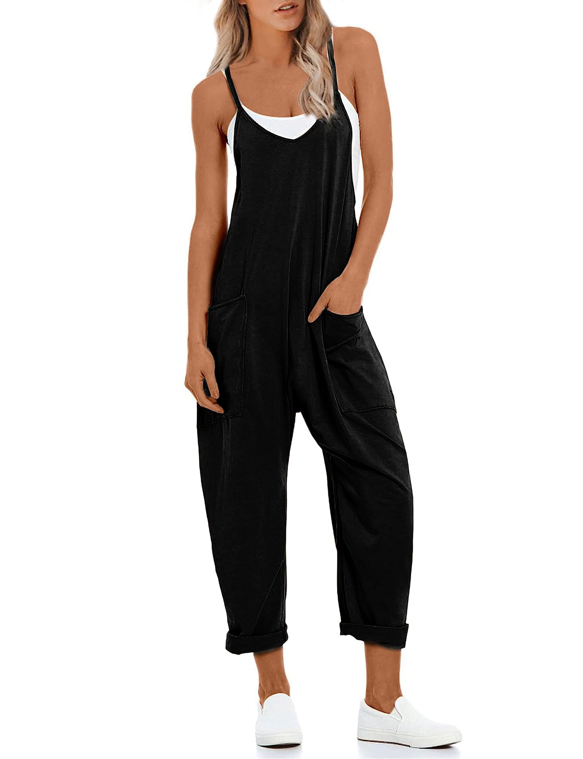 Women's Casual Overalls Jumpsuit - Sleeveless Adjustable Spaghetti Strap Wide Leg Romper with Pockets | Summer Outfit, Beach Wear, Street Fashion