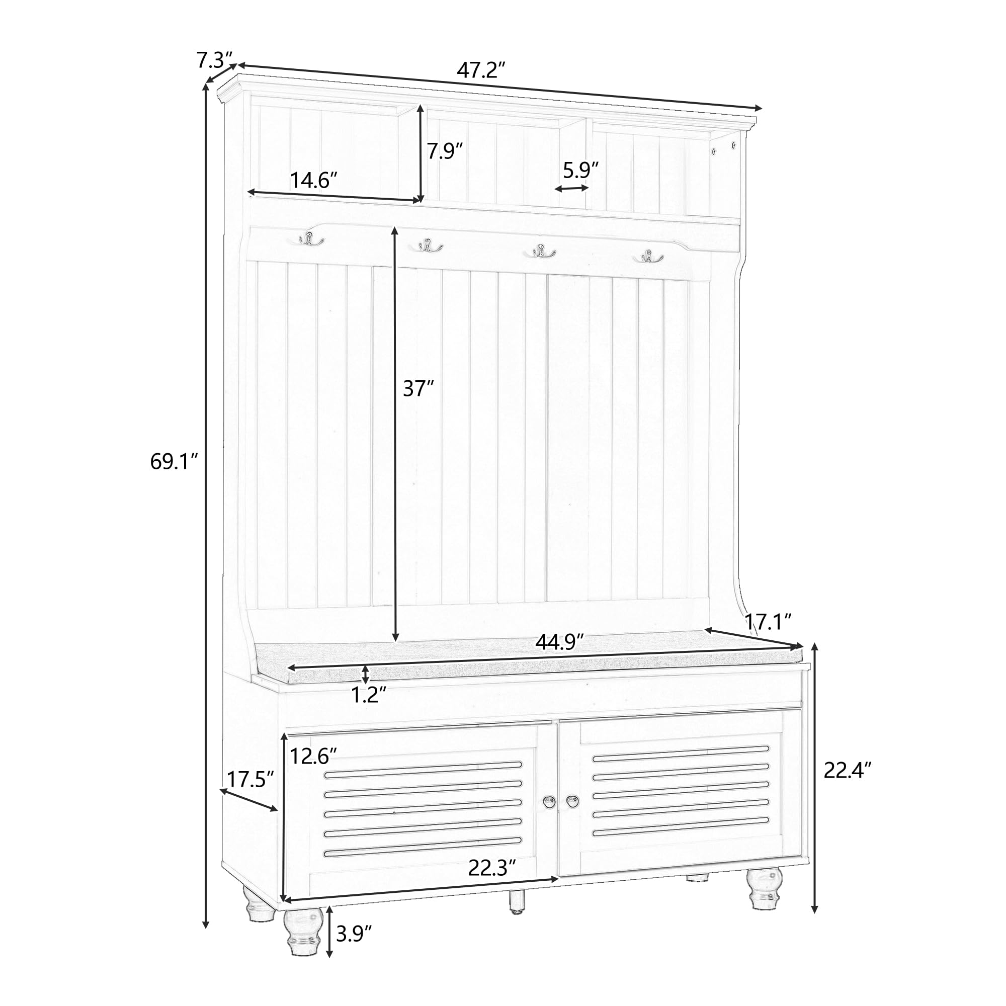 P PURLOVE Hall Tree with Bench & Shoe Storage - Entryway Organizer with 4 Hooks, Open Shelf & Shutter Doors - Coat Rack & Mudroom Furniture for Hallway, Foyer & Home Entry (Perfect for Small Spaces & Apartment Living)