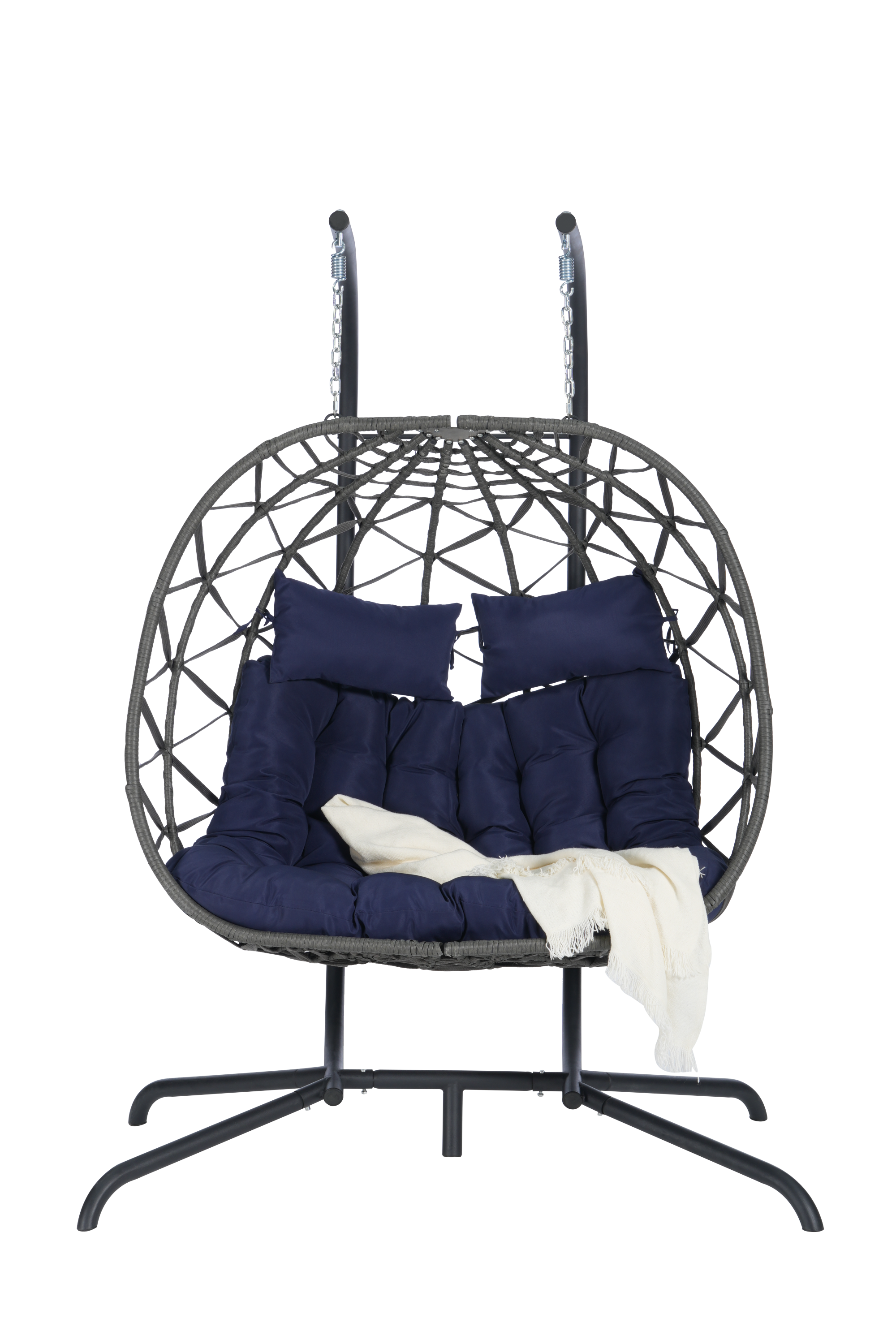 Double Egg Chair with Stand - Hanging Indoor/Outdoor Wicker Rattan Swing Chair with UV-Resistant Cushions (600lb Capacity) - Perfect for Bedroom, Balcony, Patio & Garden Relaxation
