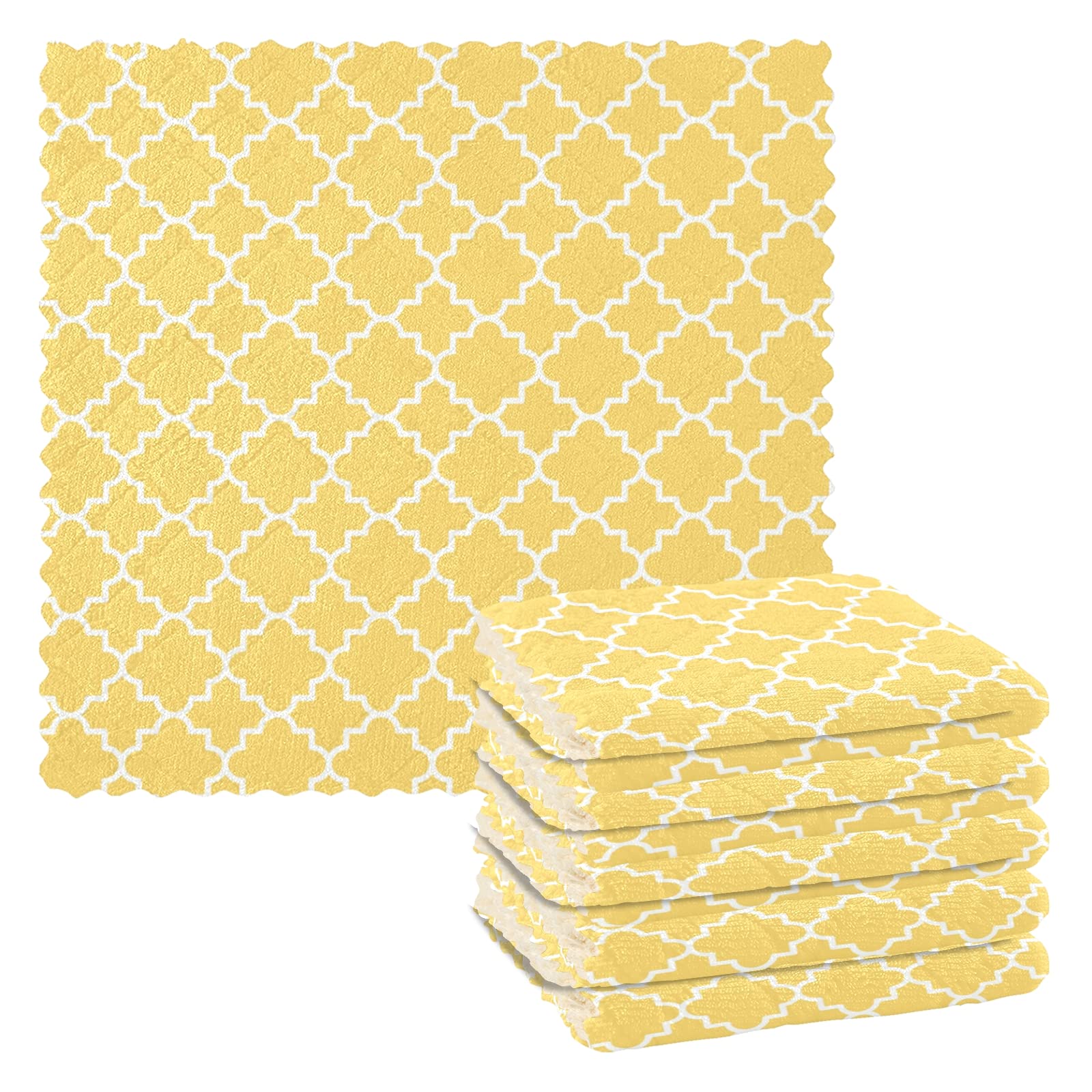 Yellow Geometric Lattice Kitchen Towels 6 Pack - Reusable Absorbent Dish Cloths for Cleaning, Drying Dishes & Countertops - Soft & Durable Kitchen Rags for Everyday Use