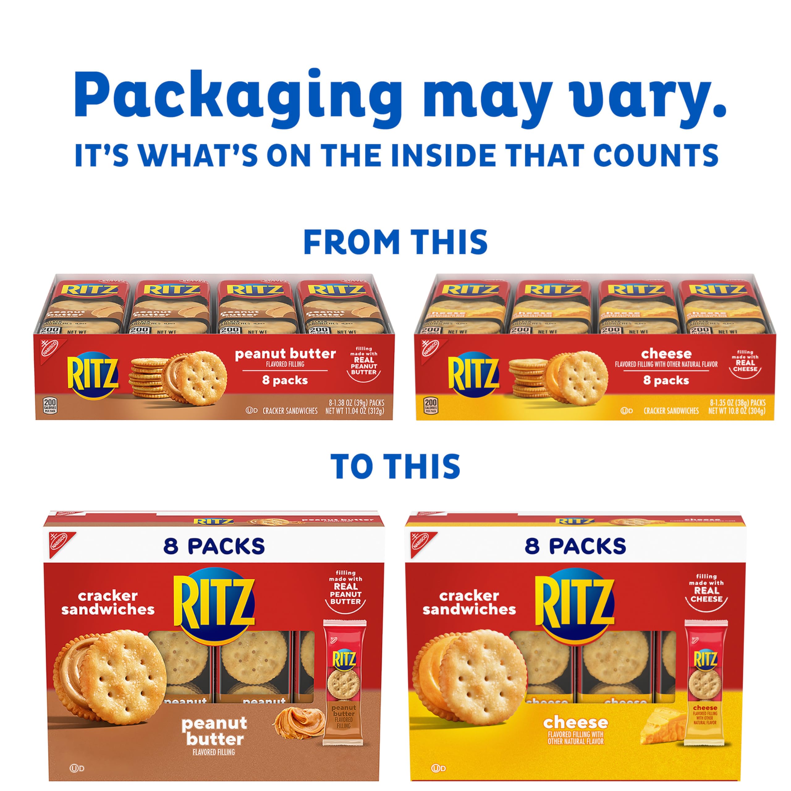 RITZ Peanut Butter & Cheese Sandwich Crackers Variety Pack - 32 Individually Wrapped Snack Packs (6 Crackers Each) - Perfect for School Lunches, Office Snacks & On-the-Go Treats