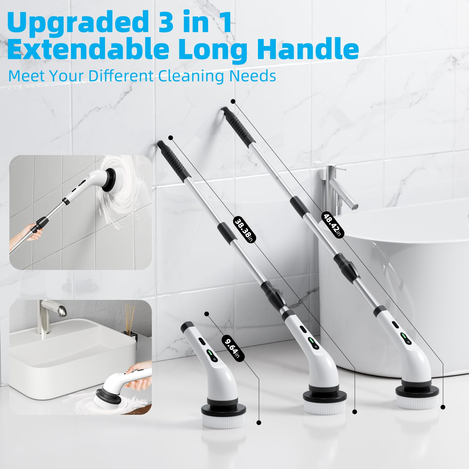 Cordless Electric Spin Scrubber with 9 Brush Heads - Powerful Cleaning Brush for Bathroom, Shower, Bathtub, Tile & Car - Long Handle Rechargeable Scrubber for Deep Cleaning (Perfect for Grout, Hard Water Stains & Tough Soap Scum Removal)