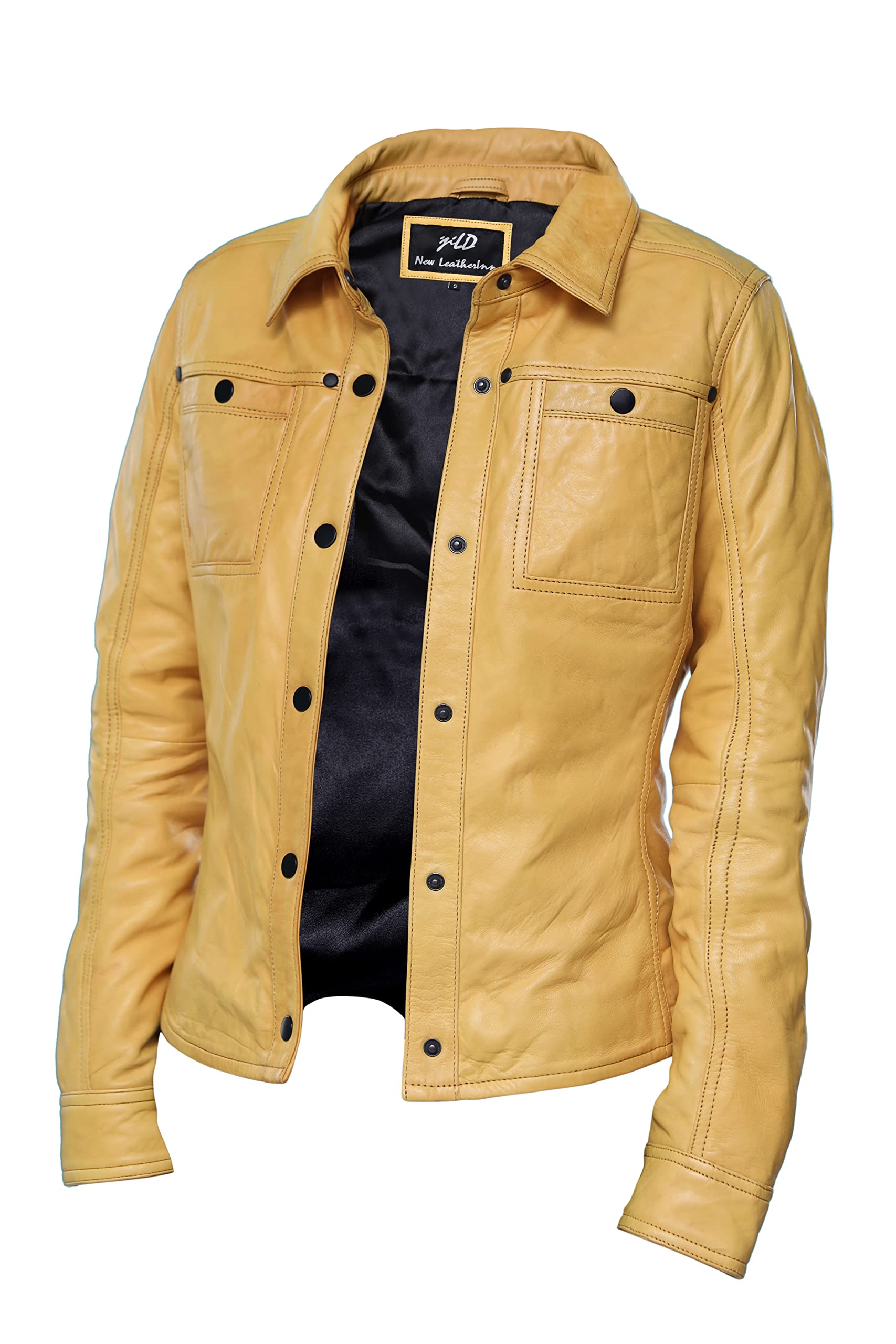 Jild Women's Button Front Lambskin Leather Jacket Shacket - Long Sleeve Casual Shirt Jacket with Bust Pocket | Perfect for Fall Layering, Date Nights & Office Wear