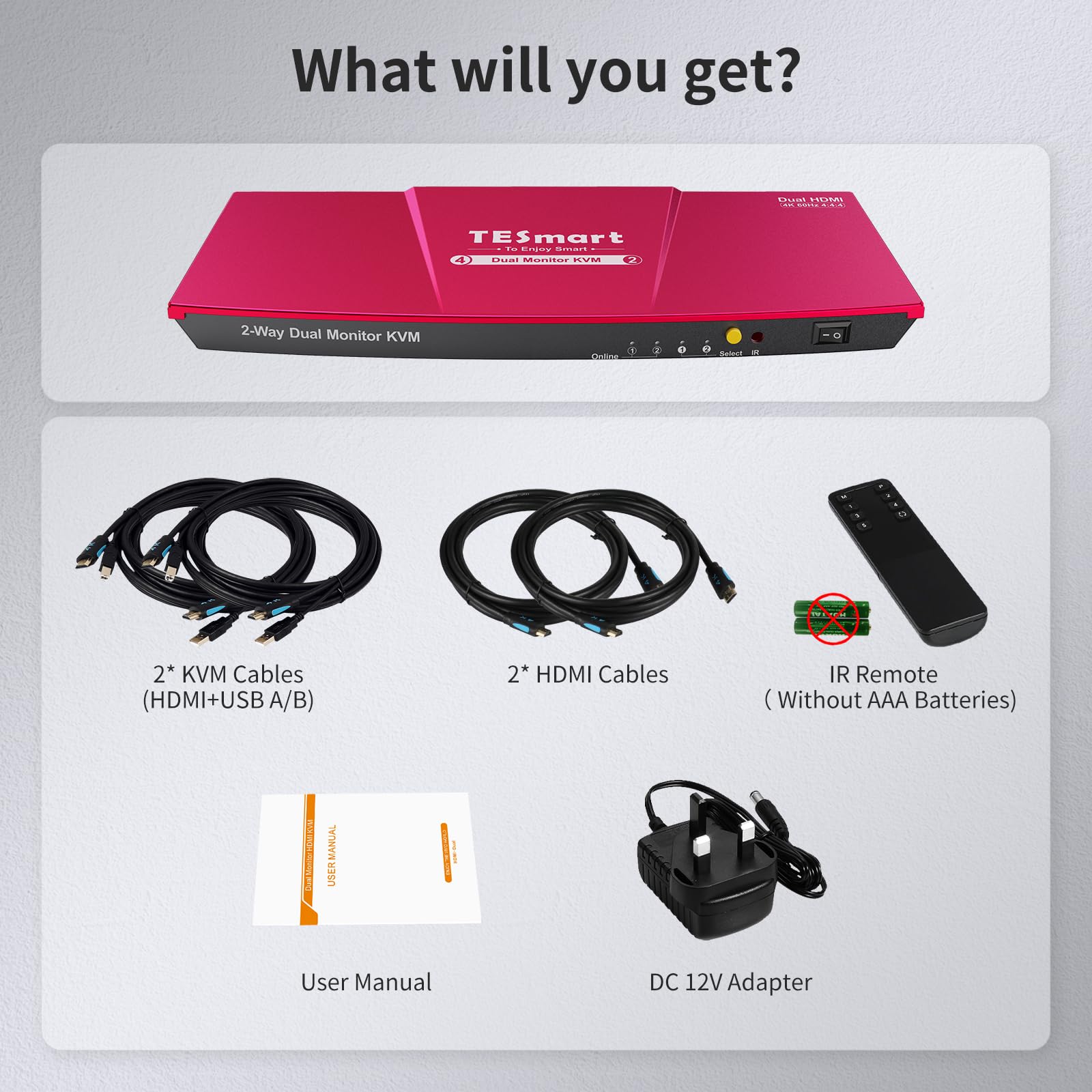 TESmart 4K 60Hz HDMI KVM Switch for 2 Computers & 2 Monitors - Dual Monitor KVM Switch with EDID Emulator, Audio Jack, Copy/Extend Modes | Enhanced Keyboard & Mouse Compatibility | Ideal for Home Office, Gaming Setup & Multi-PC Workstations