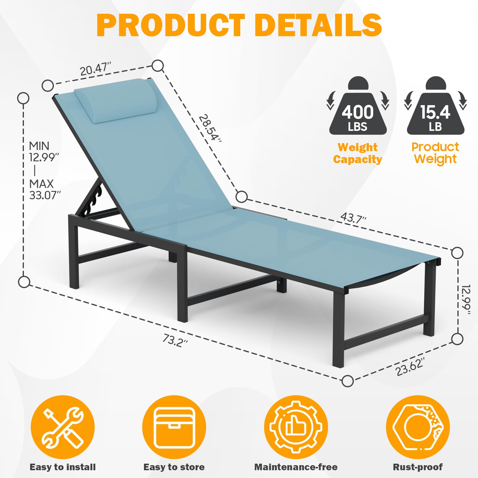 Outdoor Chaise Lounge Chair with Adjustable Backrest - Aluminum Patio Lounge Chair with Headrest Pillow - Perfect for Beach, Poolside & Backyard Relaxation (Blue)