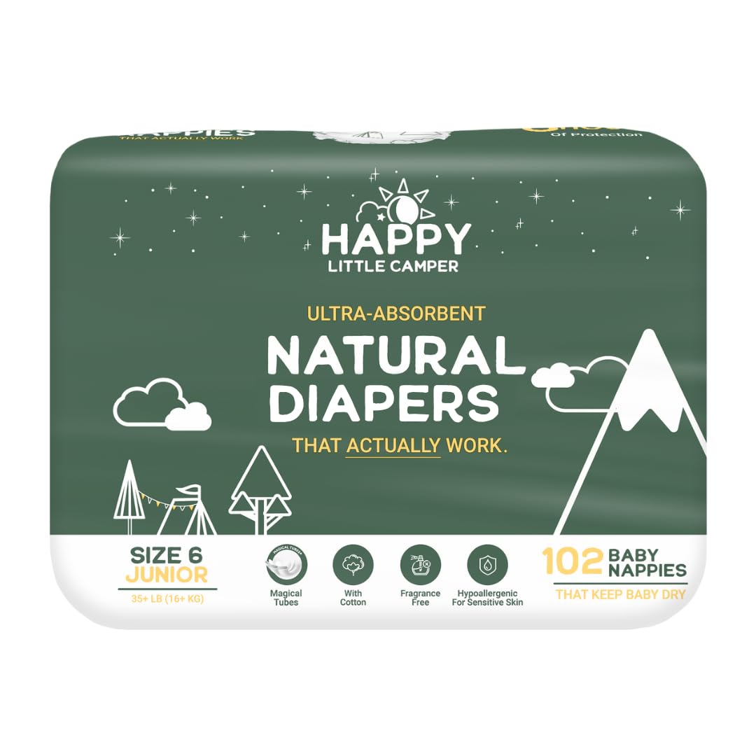 Happy Little Camper Size 6 Ultra-Absorbent Baby Diapers - Hypoallergenic, Chlorine-Free & Unscented Disposable Diapers for Sensitive Skin - 102 Count - Perfect for Overnight Protection, Daycare & Travel