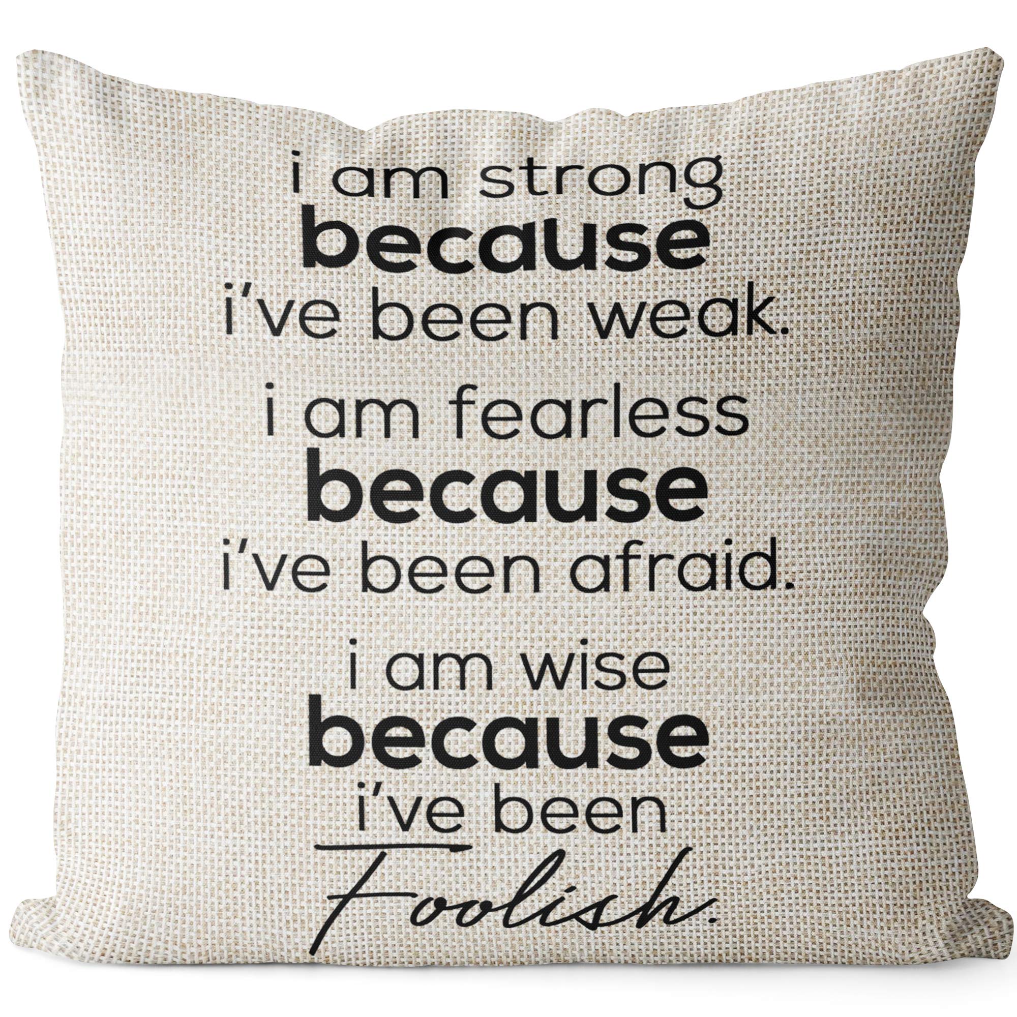 BEDSUM Linen Throw Pillow Cover 18x18 Inches - Farmhouse Decorative Pillow Case with Inspirational Words 'Strong Fearless Wise' for Sofa, Couch, Bed - Perfect for Living Room, Bedroom & Home Decor