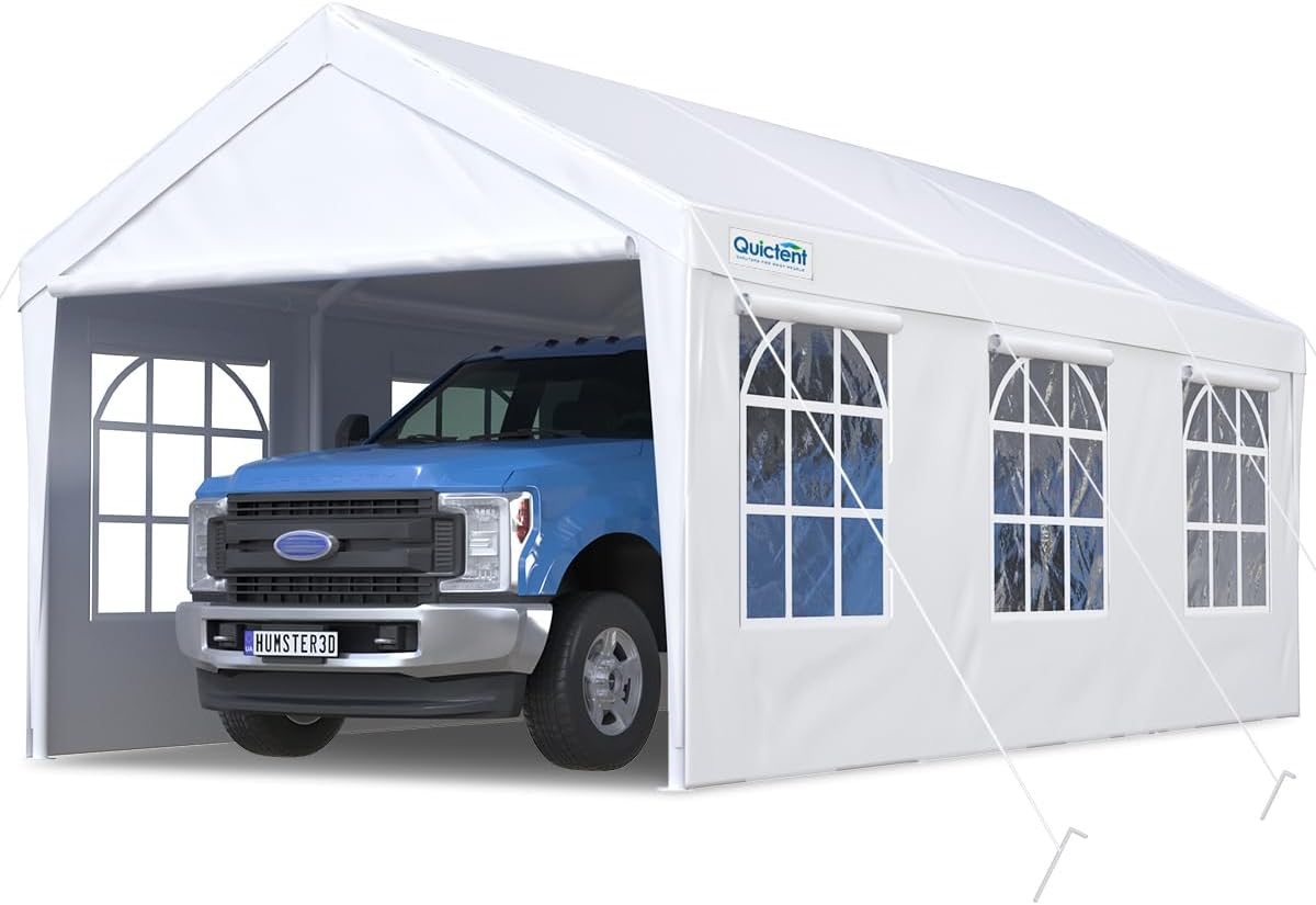 20' x 10' Heavy Duty Car Shelter with Clear Windows - Waterproof Outdoor Vehicle Cover for Cars, Trucks, SUVs - Perfect for Home Garage, Driveway & RV Storage Protection