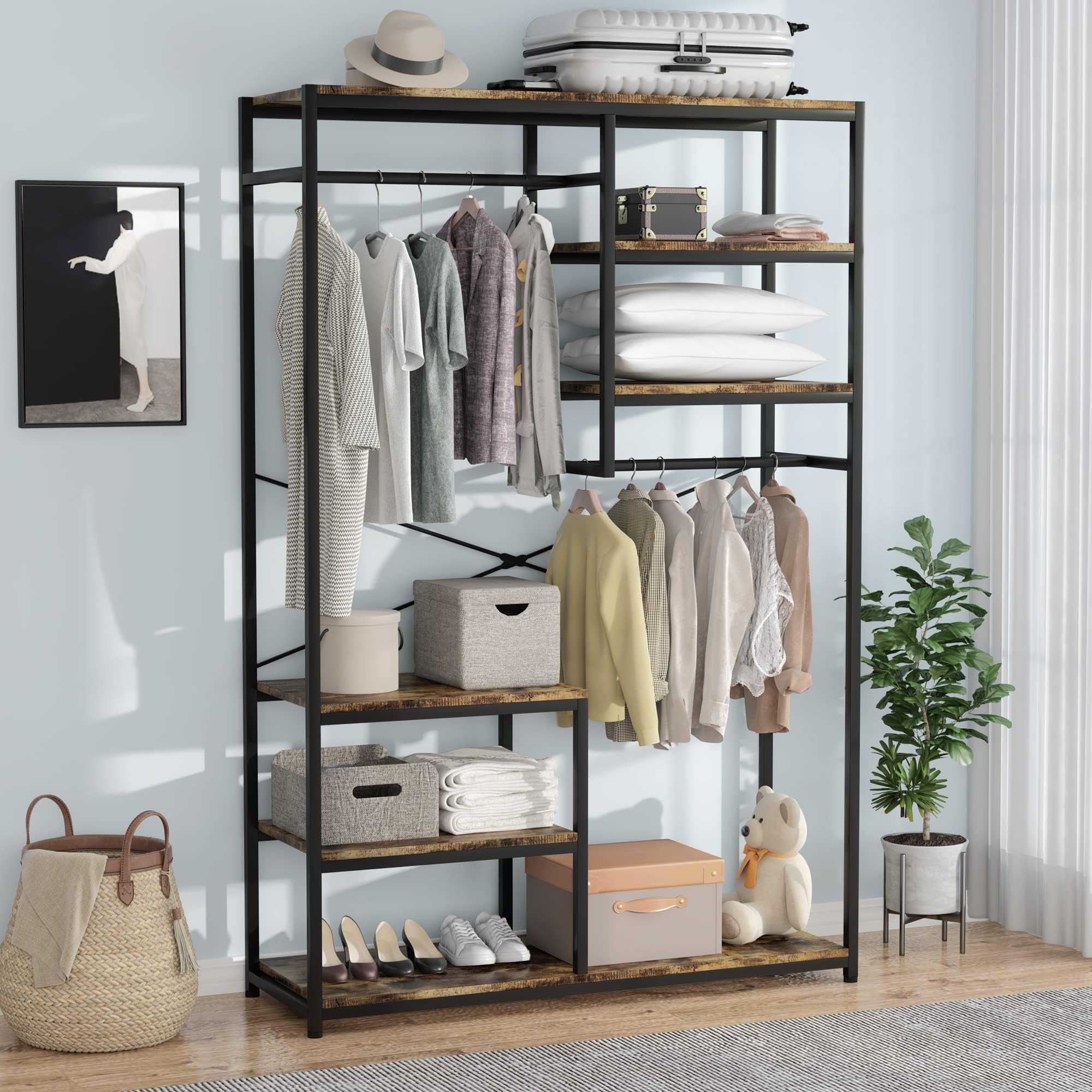 JoliJour Wood and Metal Freestanding Coat Rack with Shelves - 120x40x180cm Entryway Clothes Hanger, Wardrobe Organizer for Hallway, Bedroom or Office Storage
