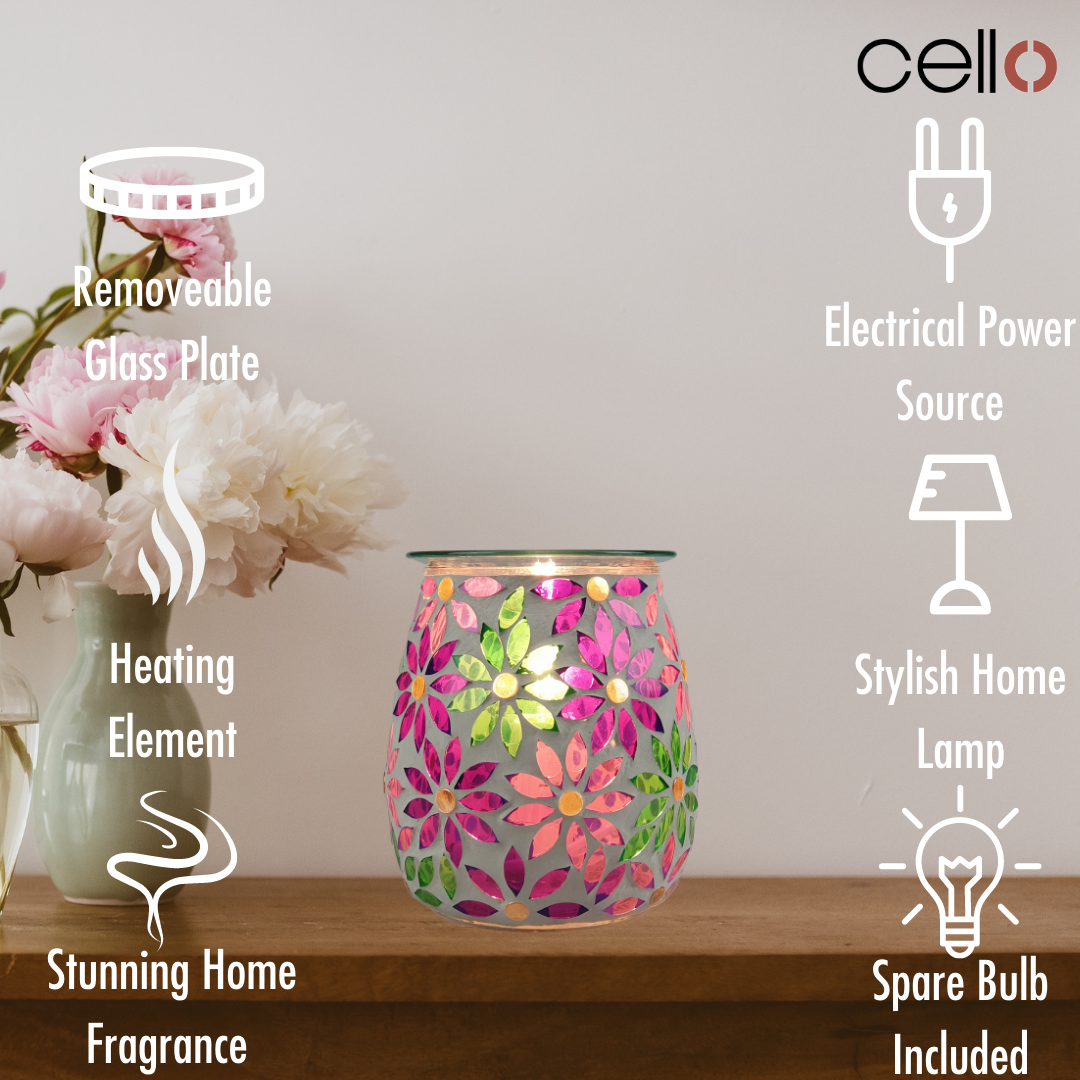 Cello Electric Wax Warmer with Mosaic Glass Design - Pretty Petals Floral Aromatherapy Wax Melter for Home, Office & Spa Relaxation