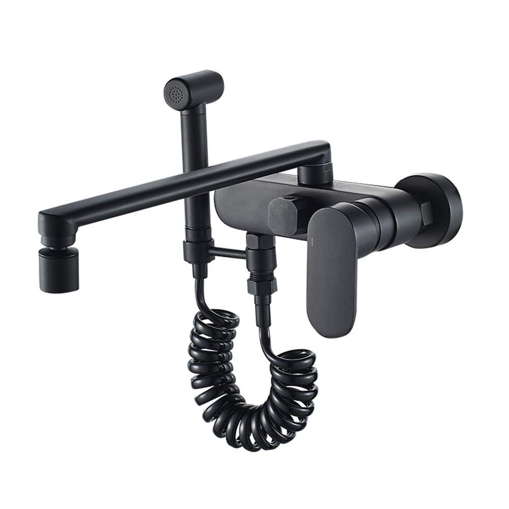 Wall Mounted Kitchen Faucet with Spray Gun - Double Hole Hot & Cold Water Rotating Black Faucet (20cm) - Perfect for Modern Kitchens & Bathrooms