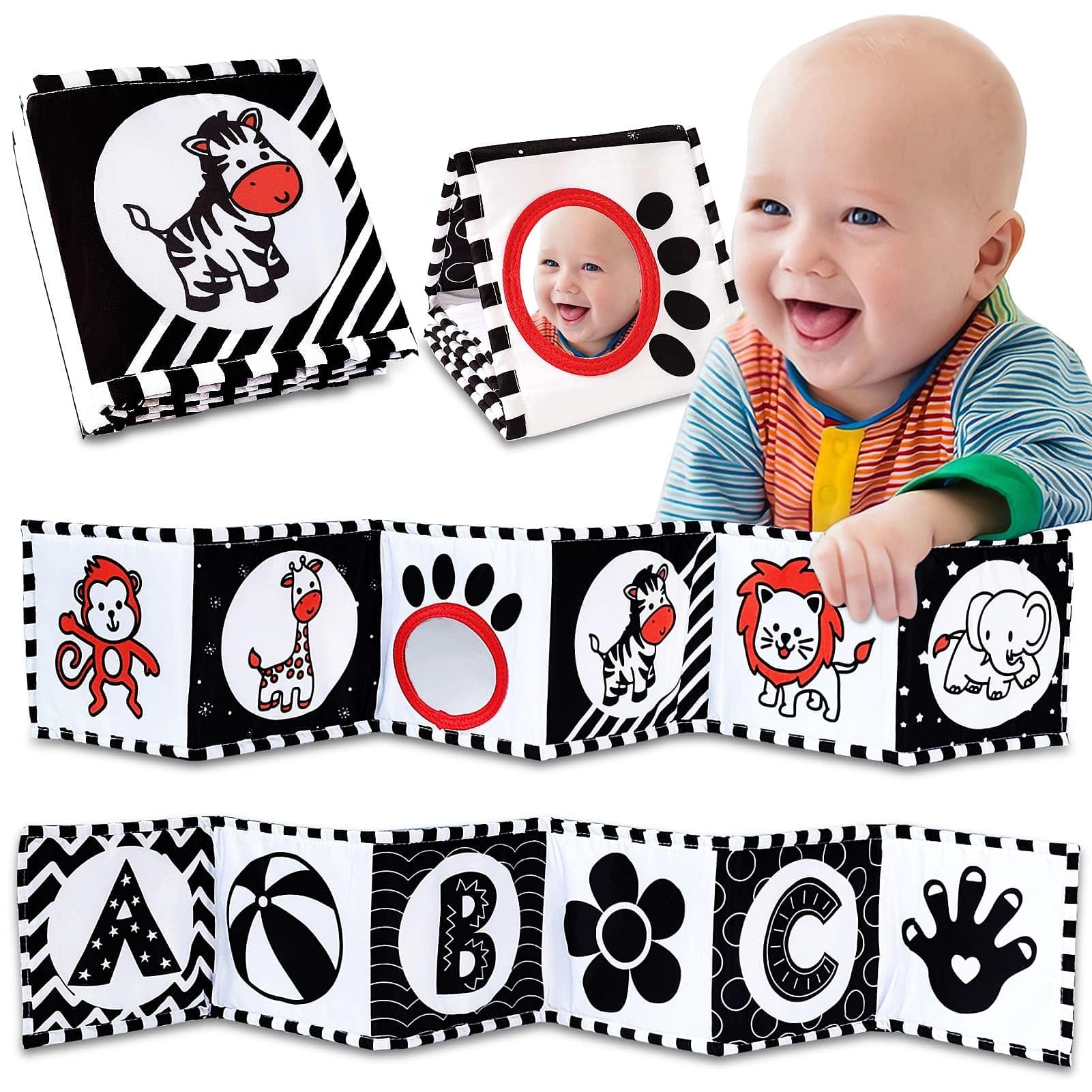 High Contrast Baby Toys Book & Mirror - Newborn Sensory Toys 0-12 Months for Tummy Time & Montessori Play