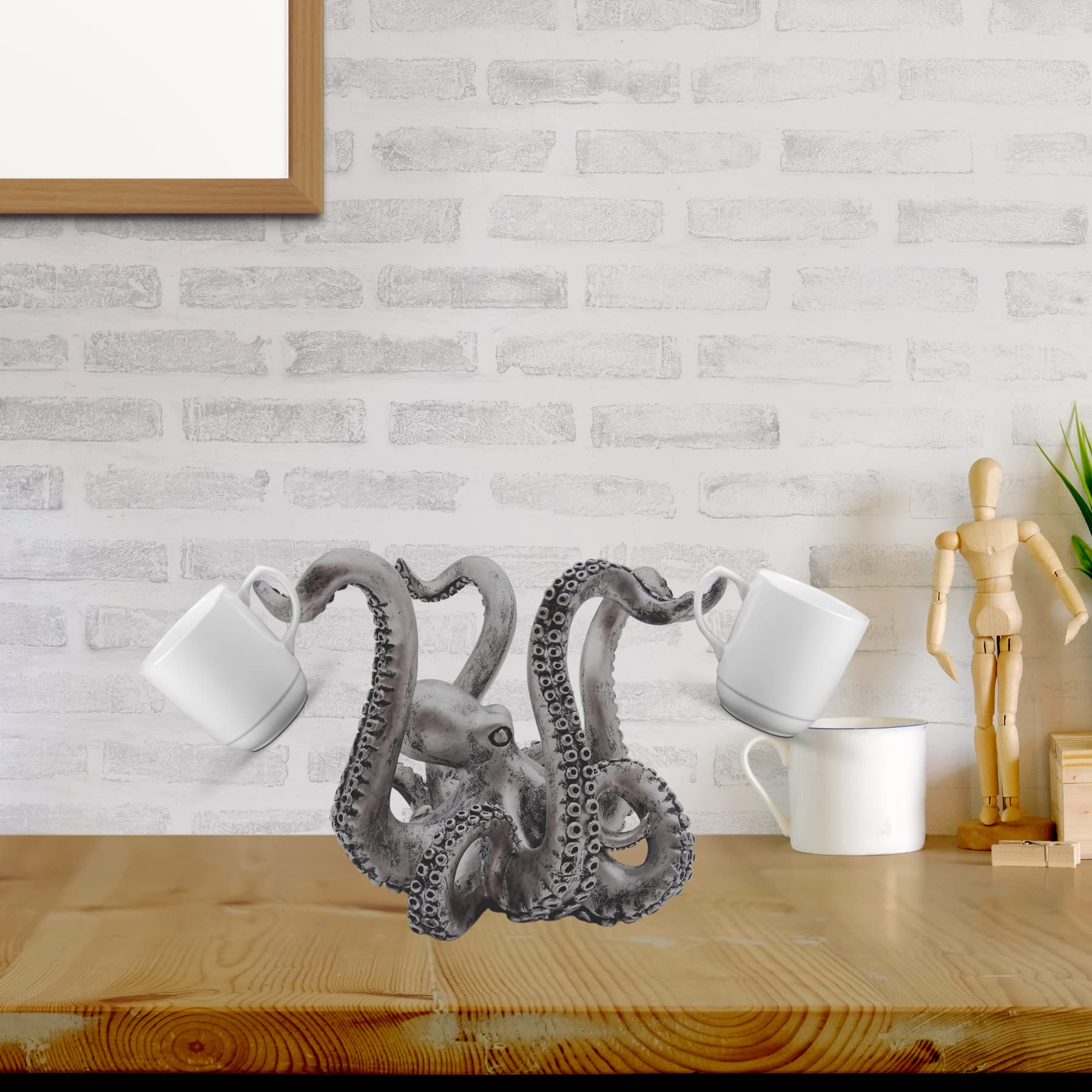 Silver Octopus Mug Holder - Unique Nautical-Themed Kitchen Organizer & Tabletop Decor (7.5 Inches) - Perfect for Coffee Cup Storage, Beach House Decor, and Ocean-Themed Gift Ideas