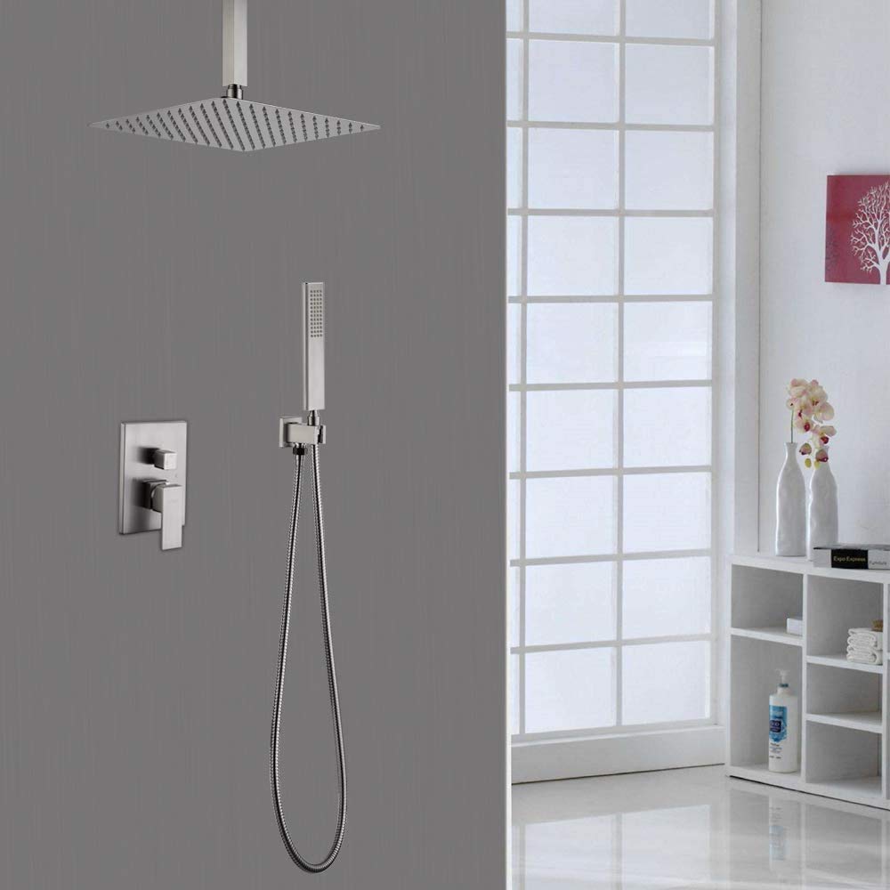 Premium Iriber Ceiling Mount Rain Shower System - 8 Inch Rainfall Showerhead & Handheld Spray Combo with Shower Faucet Mixer & Trim Kit (Brushed Nickel Finish) - Perfect for Modern Bathroom Renovation & Spa-Like Shower Experience