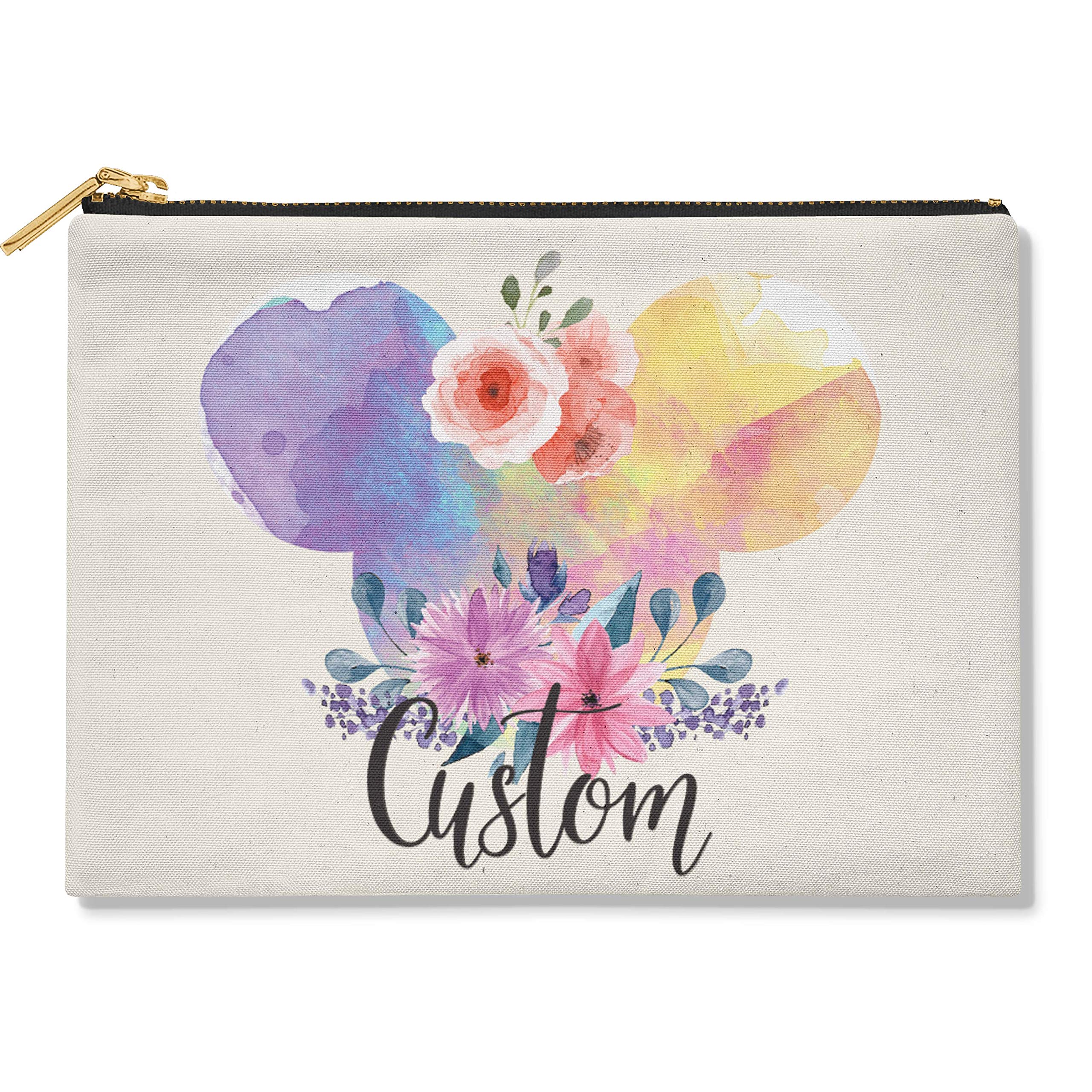 Personalized Name Makeup Bag - Custom Funny Cosmetic Pouch with Mickey Mouse Watercolor Floral Design (10