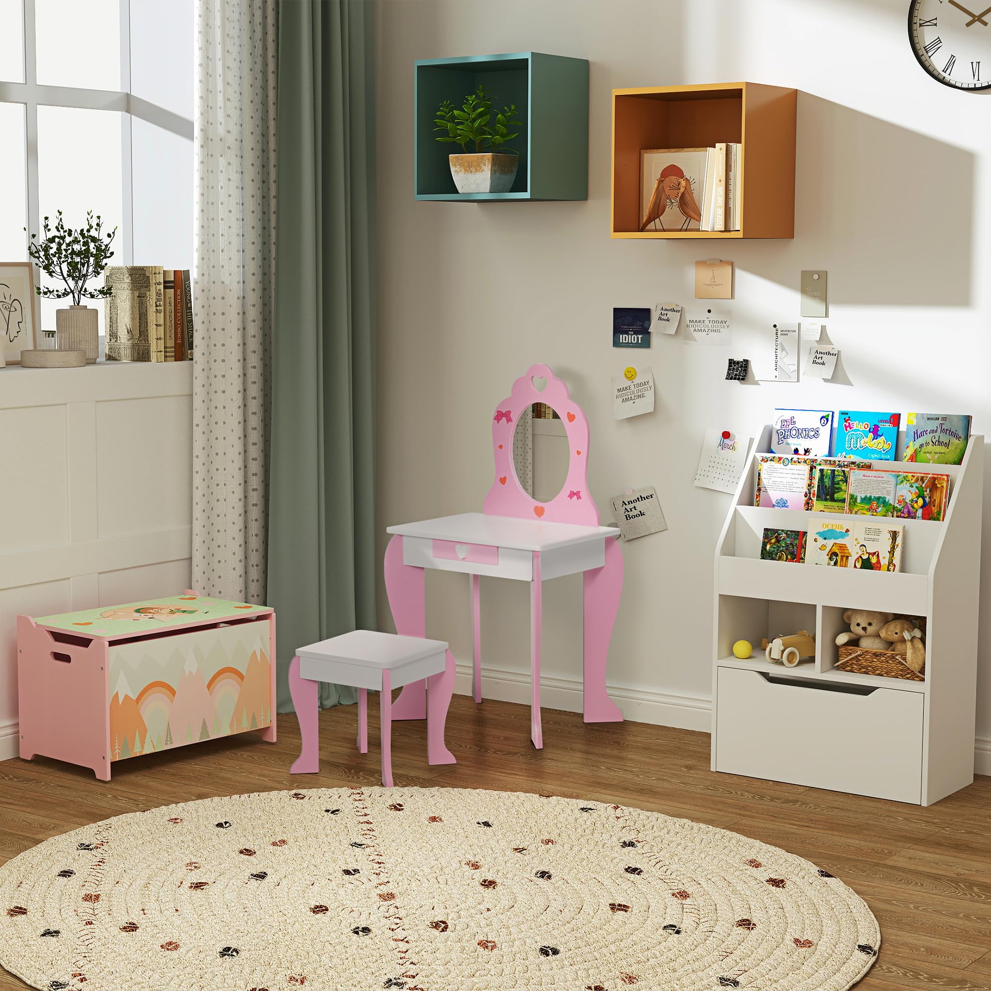 Qaba Pink Toy Box with Lid - Kids Toy Storage Organizer for Bedroom & Playroom - Safety Hinge Toy Chest for Girls & Boys - Perfect for Storing Stuffed Animals, Books & Toys