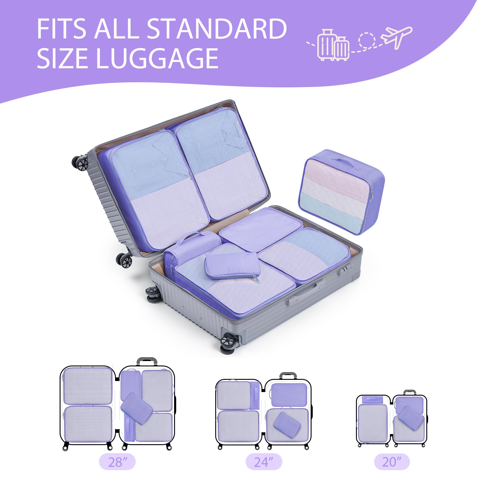DIMJ 8-Piece Travel Packing Cubes Set - Lightweight Luggage Organizers with Large Toiletries Bag for Clothes, Shoes & Cosmetics | Perfect for Suitcase Organization, Business Trips & Vacation Packing (Purple)
