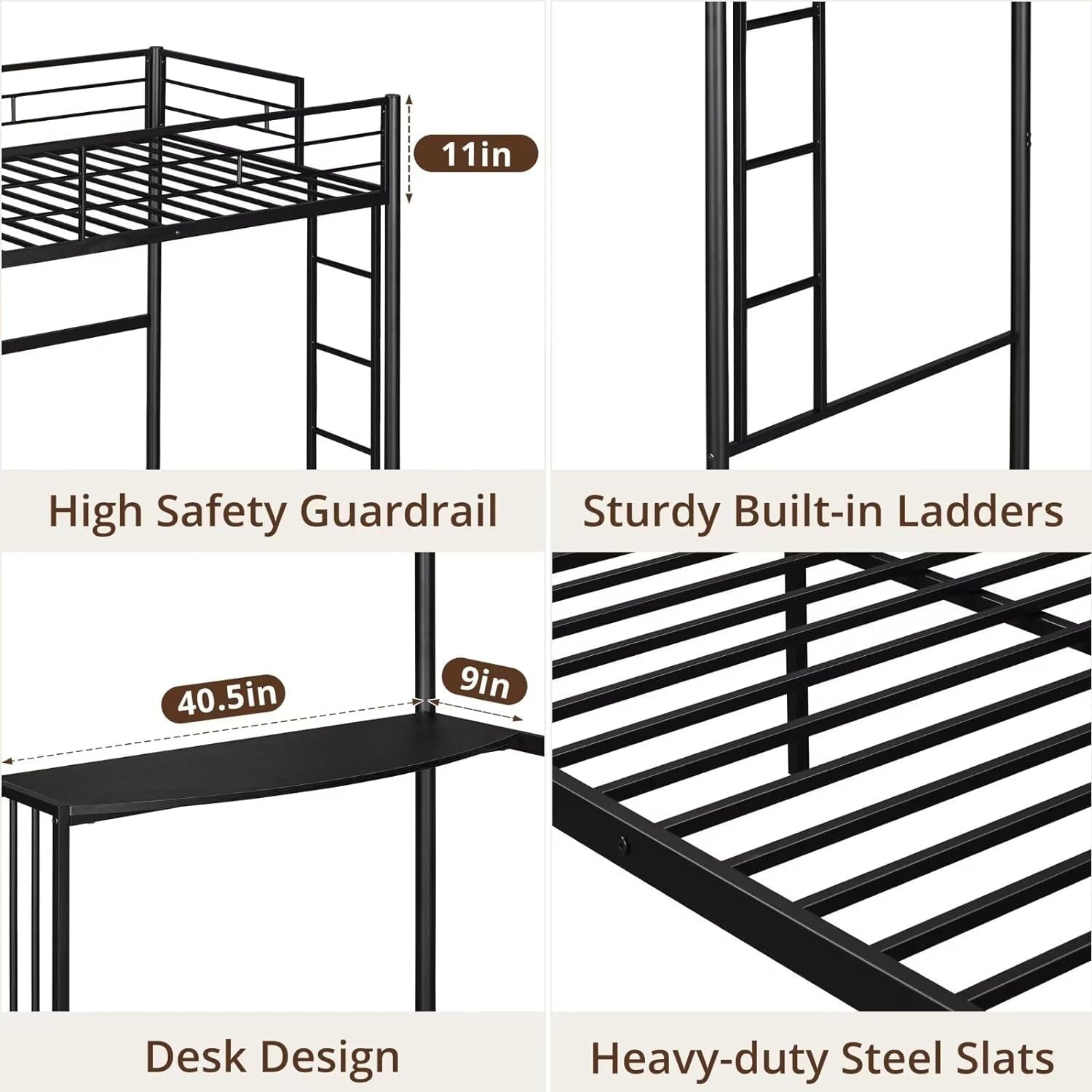 Twin Over Full Metal L-Shaped Bunk Bed with Desk - Space Saving Convertible Bunk Bed Frame for Kids & Teens | Guardrail & Ladder Included | Noise-Free Black Finish | Converts to Twin Loft Bed or Full Platform Bed | Perfect for Small Bedrooms, Dorm Rooms & Shared Kids' Spaces