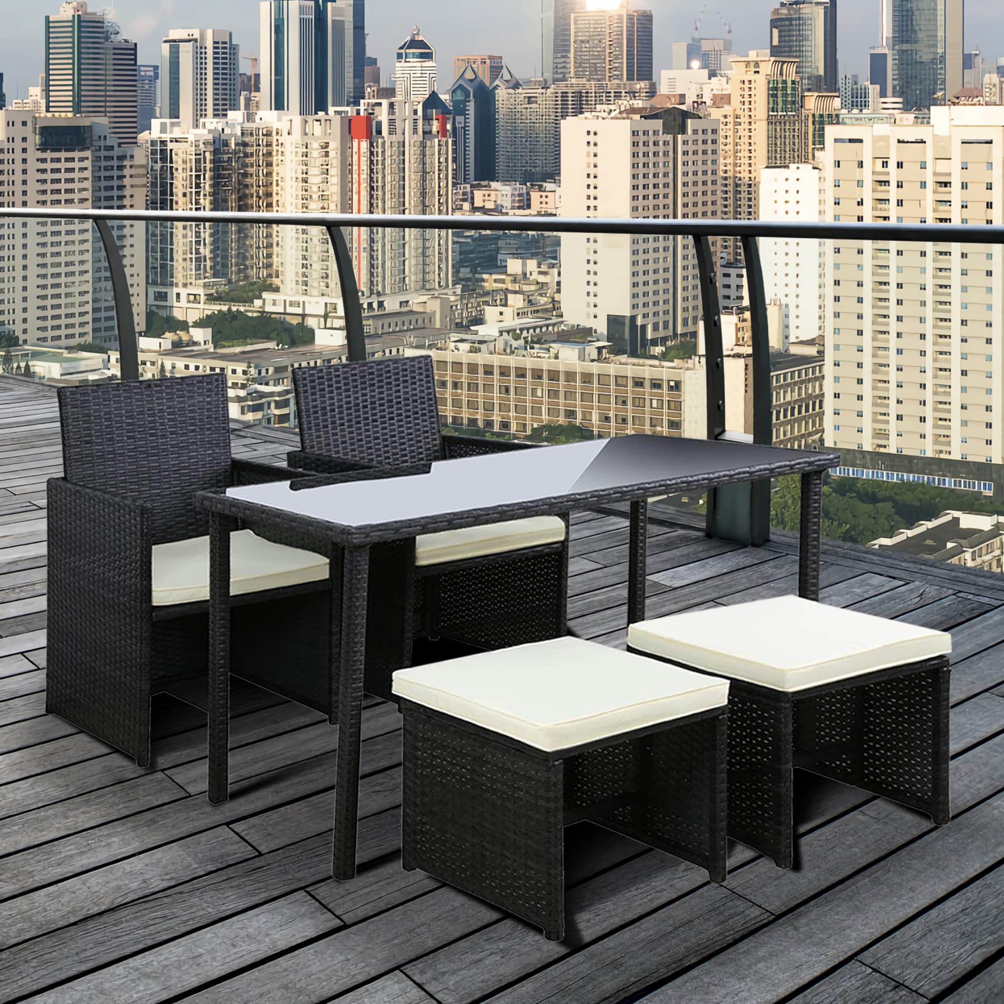 5-Piece Outdoor Patio Furniture Set, Rattan Sectional Sofa with Glass Table - Perfect for Garden, Backyard, Lawn & Poolside Relaxation - LAZYLAND