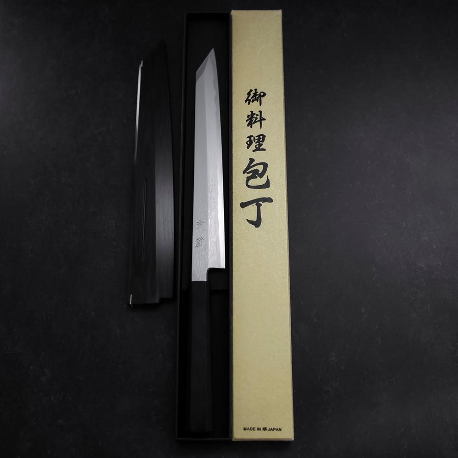 Premium Yanagi Kiritsuke Knife - Blue Steel #1 Suminagashi Blade with Buffalo Ebony Handle & Sheath - 270mm Japanese Chef Knife for Sushi, Sashimi & Precision Cutting