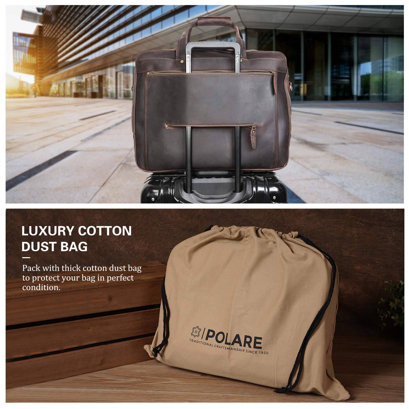 Polare 18 Inch Full Grain Leather Laptop Briefcase for Men - Fits 17.3 Inch Laptop, Durable Business Work Bag & Overnight Travel Bag - Perfect for Office, Commuting & Business Trips