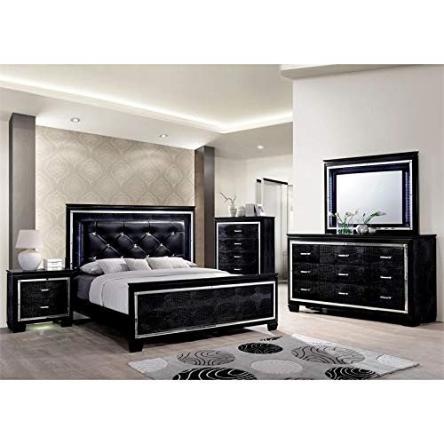 Furniture of America Rachel Faux Leather King Size LED Panel Bed in Black - Modern Bedroom Furniture with Adjustable Lighting for Luxurious Home Decor